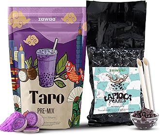 ZAWAA Bubble Tea Combo Kit – Taro Pre-Mix Powder (250 g) with Black Tapioca Pearls (250 g) & 10 Paper Straws | Cafe-Style Milk Beverage | Easy to Prepare for Home & Cafe Use
