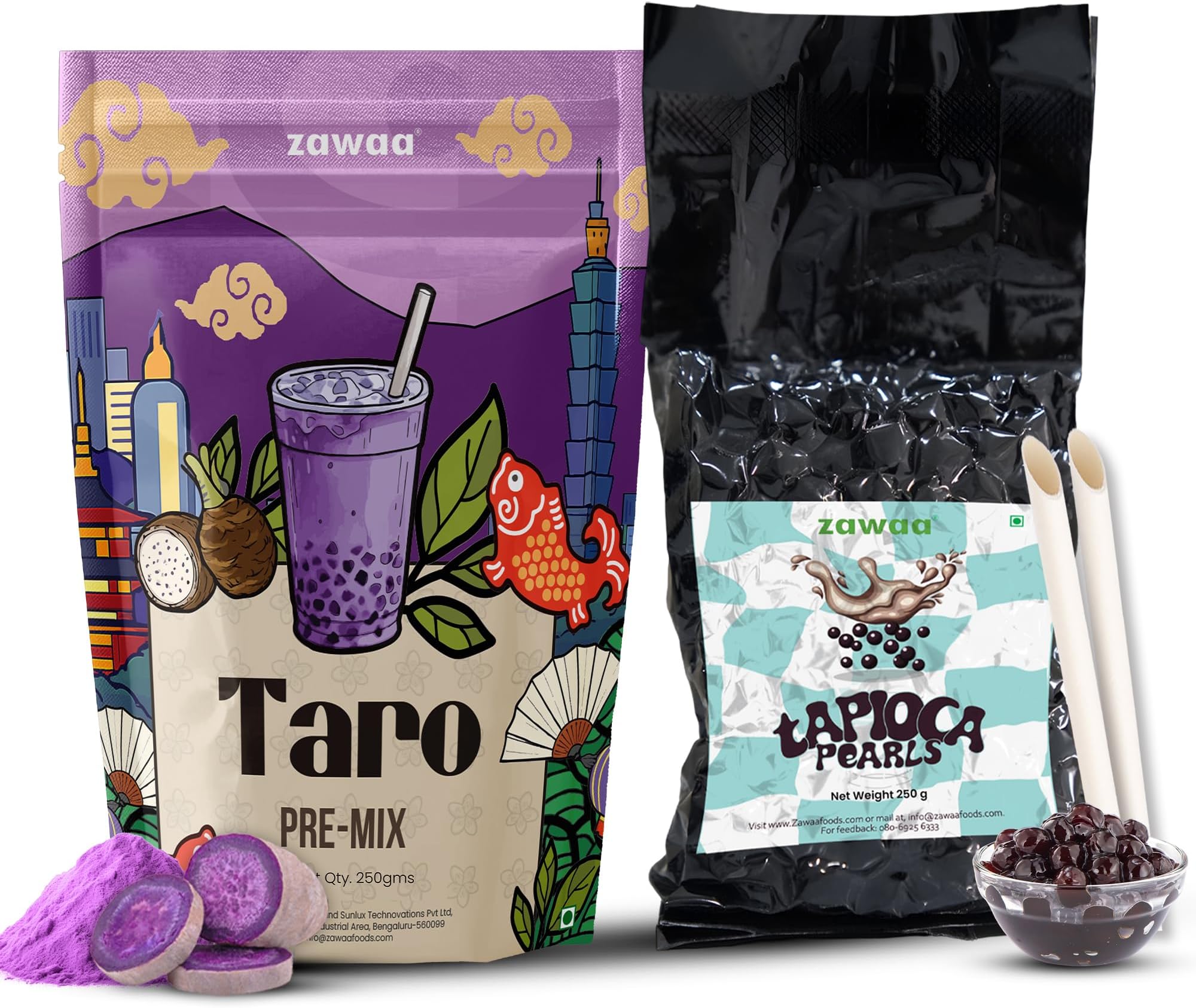 ZAWAA Bubble Tea Combo Kit – Taro Pre-Mix Powder (250 g) with Black Tapioca Pearls (250 g) & 10 Paper Straws | Cafe-Style Milk Beverage | Easy to Prepare for Home & Cafe Use