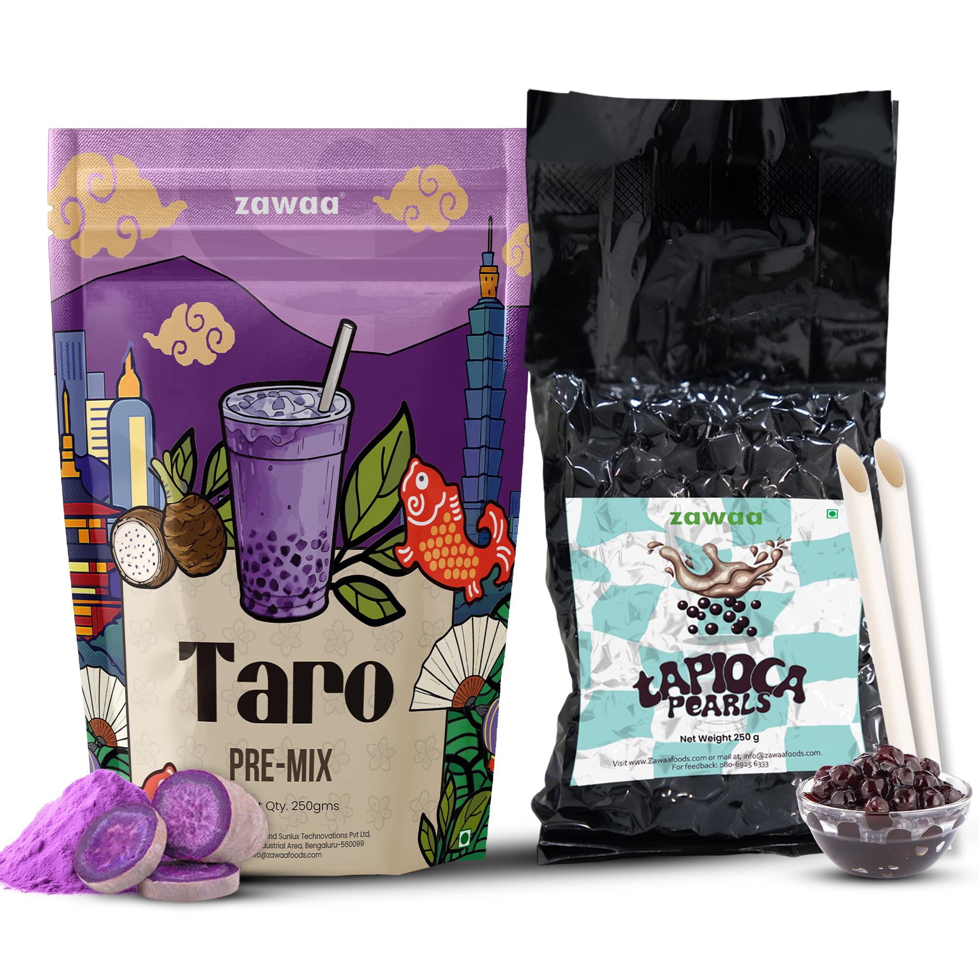 ZAWAA Bubble Tea Combo Kit – Taro Pre-Mix Powder (250 g) with Black Tapioca Pearls (250 g) & 10 Paper Straws | Cafe-Style Milk Beverage | Easy to Prepare for Home & Cafe Use
