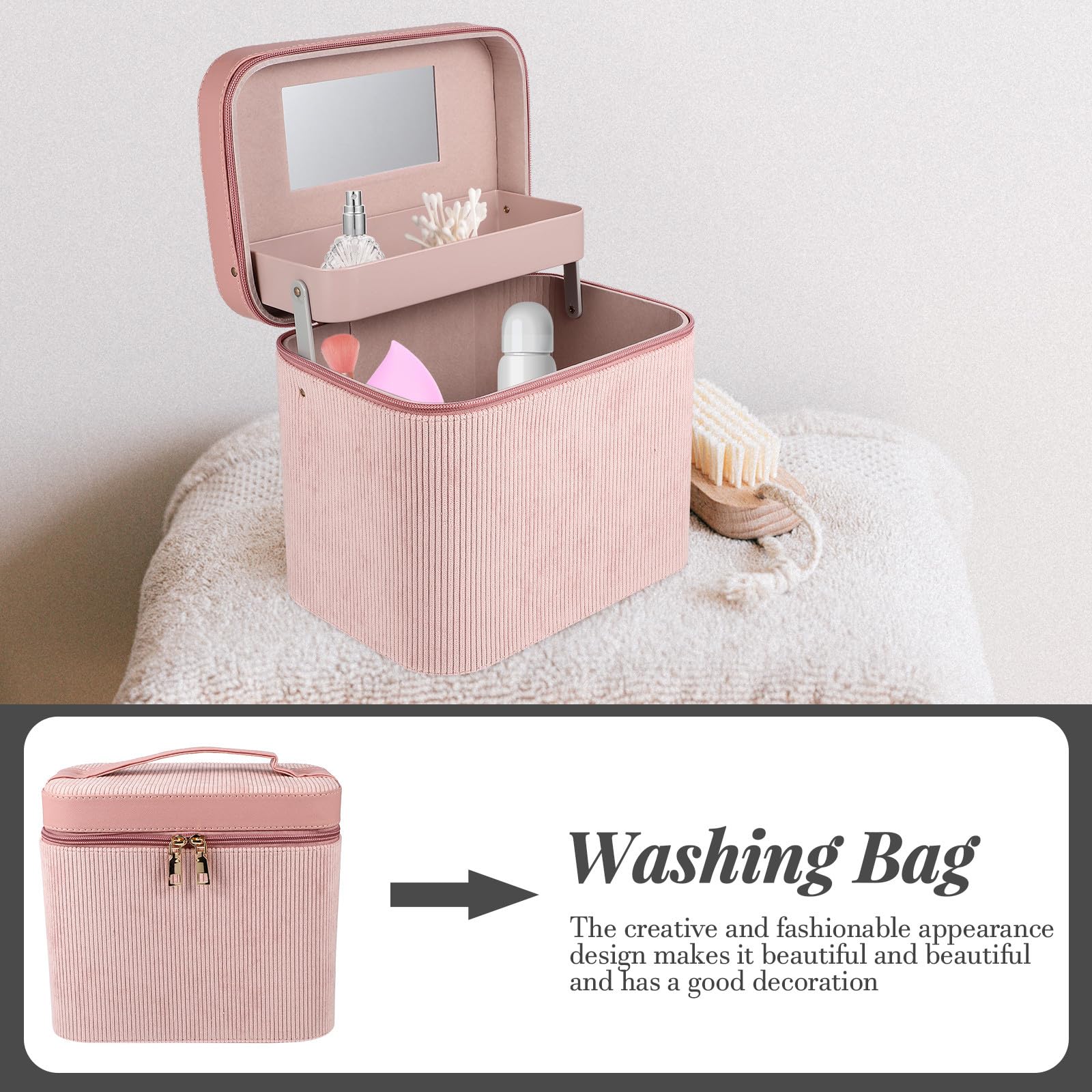 Hohopeti Doppellagige Kosmetiktasche Damen mit Spiegel Robuste Reisekosmetiktasche Rosa Tragbarer Kulturbeutel für Make Up und Hautpflege