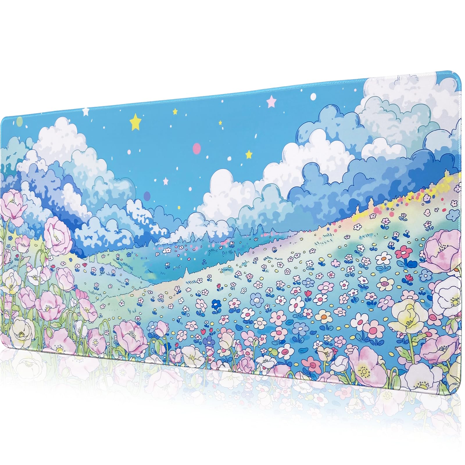 Alfombrilla de mouse extendida grande para juegos de 35.4 x 15.7 x 0.12 pulgadas (3 mm de grosor), alfombrilla de escritorio de oficina de gran tamaño con bordes cosidos, color azul