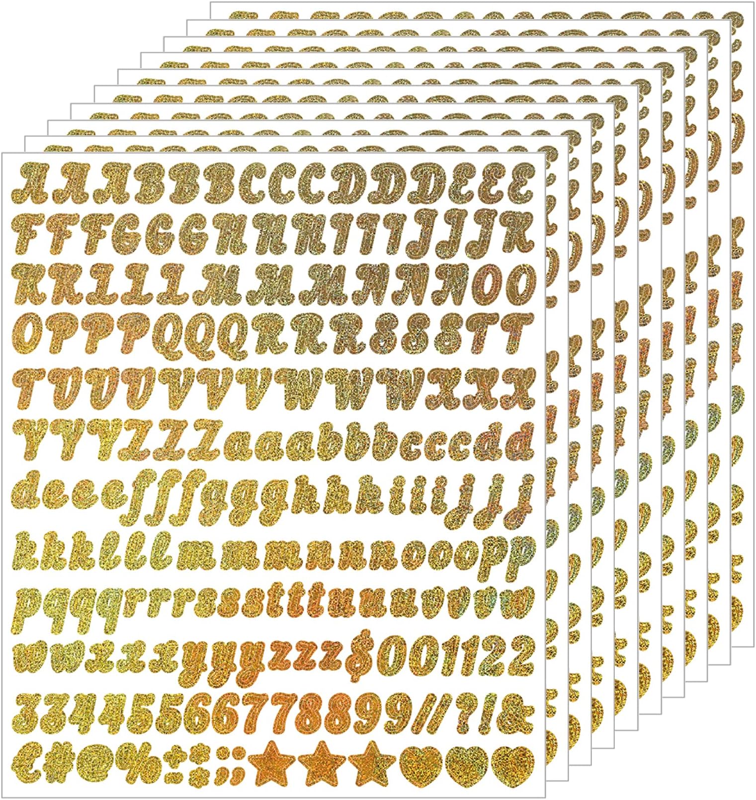 1990 Small Alphabet Number Stickers, 10 Sheets Glitter 1/2 Inch Self-Adhesive Vinyl Letters Sticker Decals for Scrapbooks, Greeting Cards, Envelopes, Water Bottles - Gold