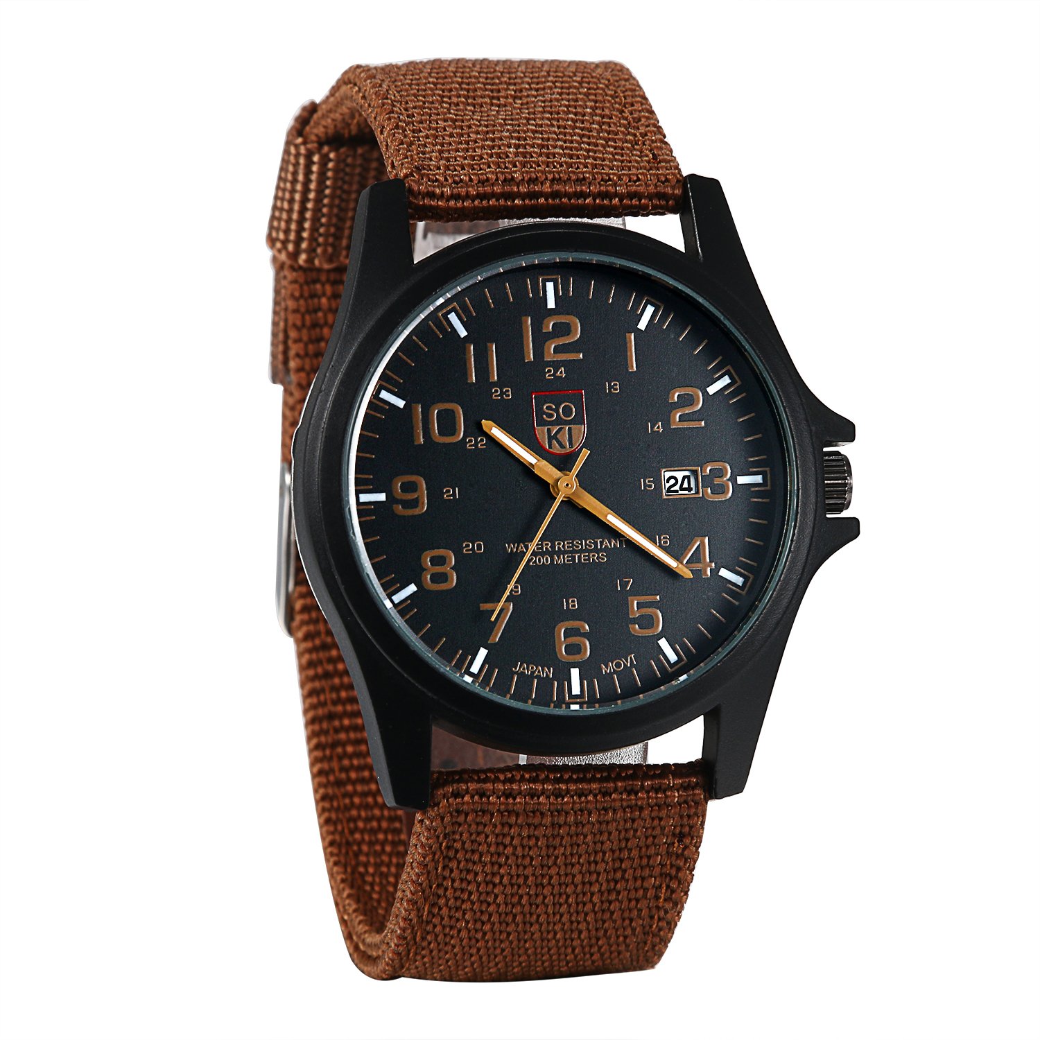 JewelryWe Klassik Herren Armbanduhr, Retro Nylon Band Quarz Analog Uhr, Sport Kalender Herrenuhr mit Digital Zifferblatt, Braun Schwarz Grün