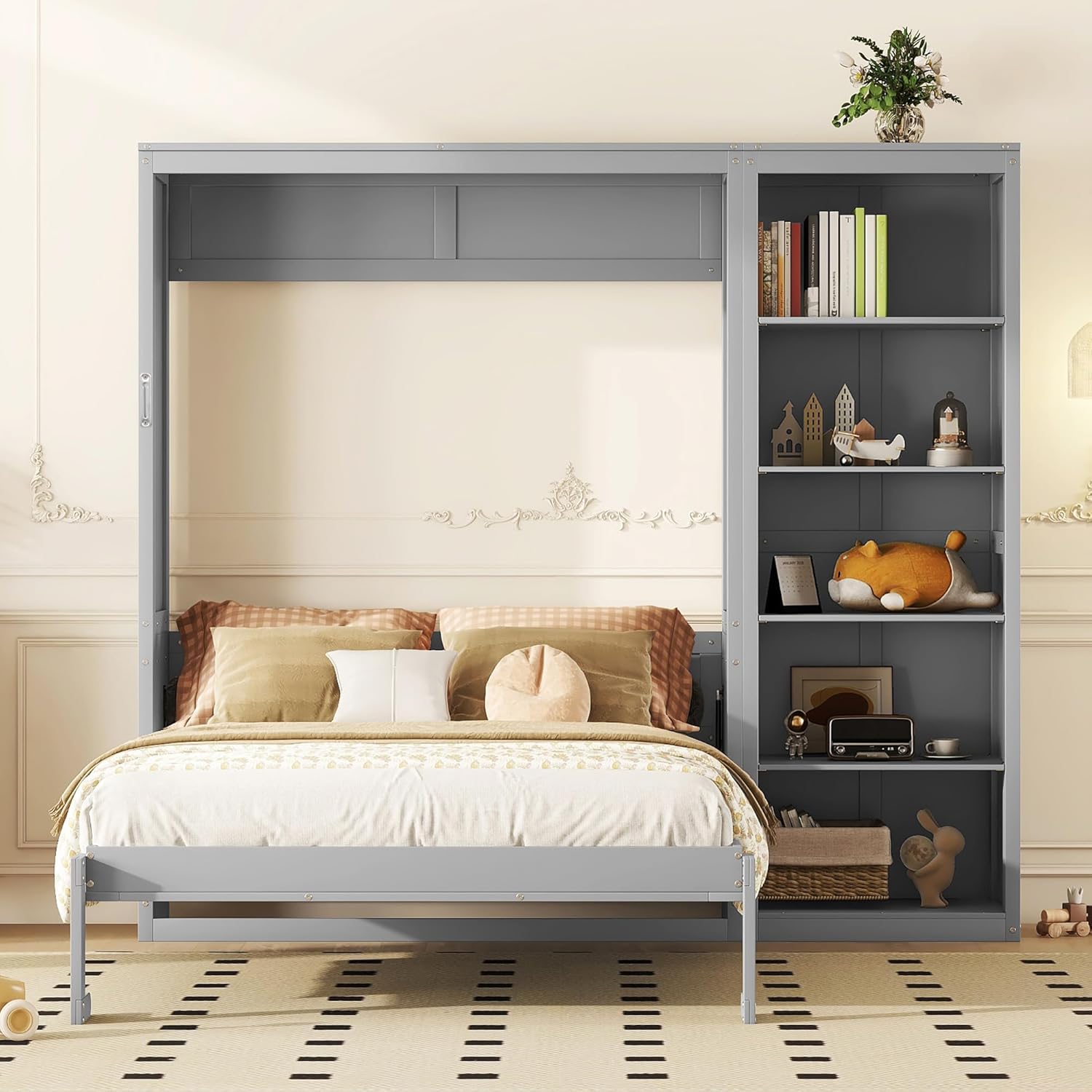 GDFStudio Queen Size Murphy Wall Bed with Shelves, Space-Saving Foldable Bed Cabinet, Dual Piston Mechanism, Adjustable Shelf Design, Modern MDF Frame, Ideal for Guest Room or Office,Gray