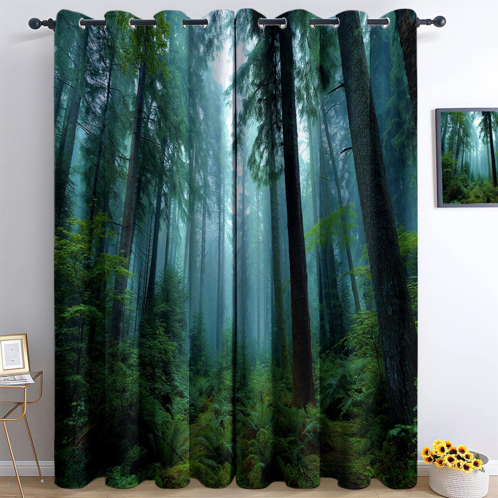 Verdunklungsvorhänge Wald Nebel Kinderzimmer Vorhänge Blickdicht, Dunkelgrün Thermovorhang mit Ösen, für Schlafzimmer Fenster & Balkon Geheimnis Bäume - 110 x 215 cm (2er Set)
