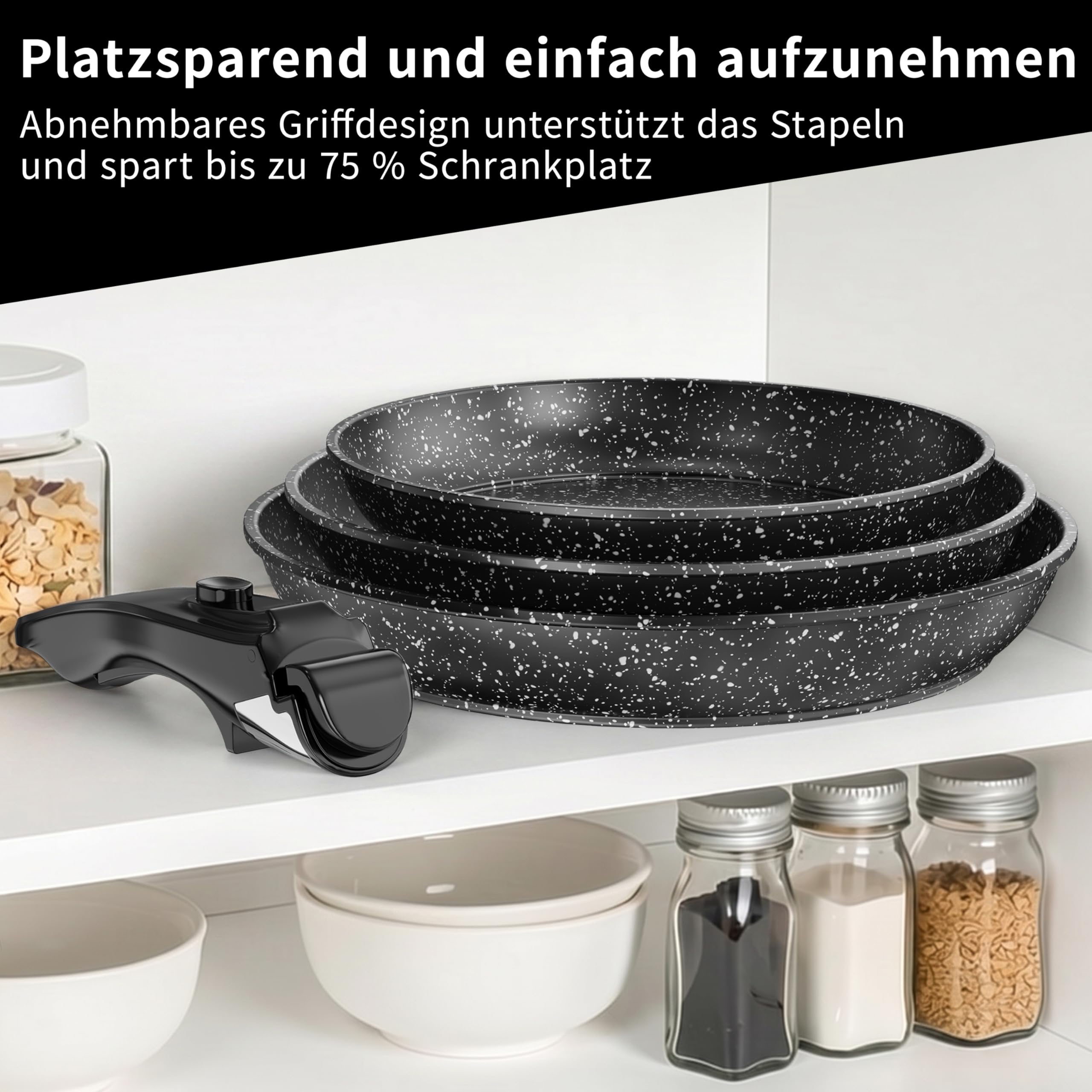 Kiseely Pfannenset mit Abnehmbarer Griff,Bratpfanne mit Antihaft beschichtung,Cool-Touch Handles Suitable for Induction,Electric and Gas Cookers,Platzsparend Pfannen. (Tiefschwarz)