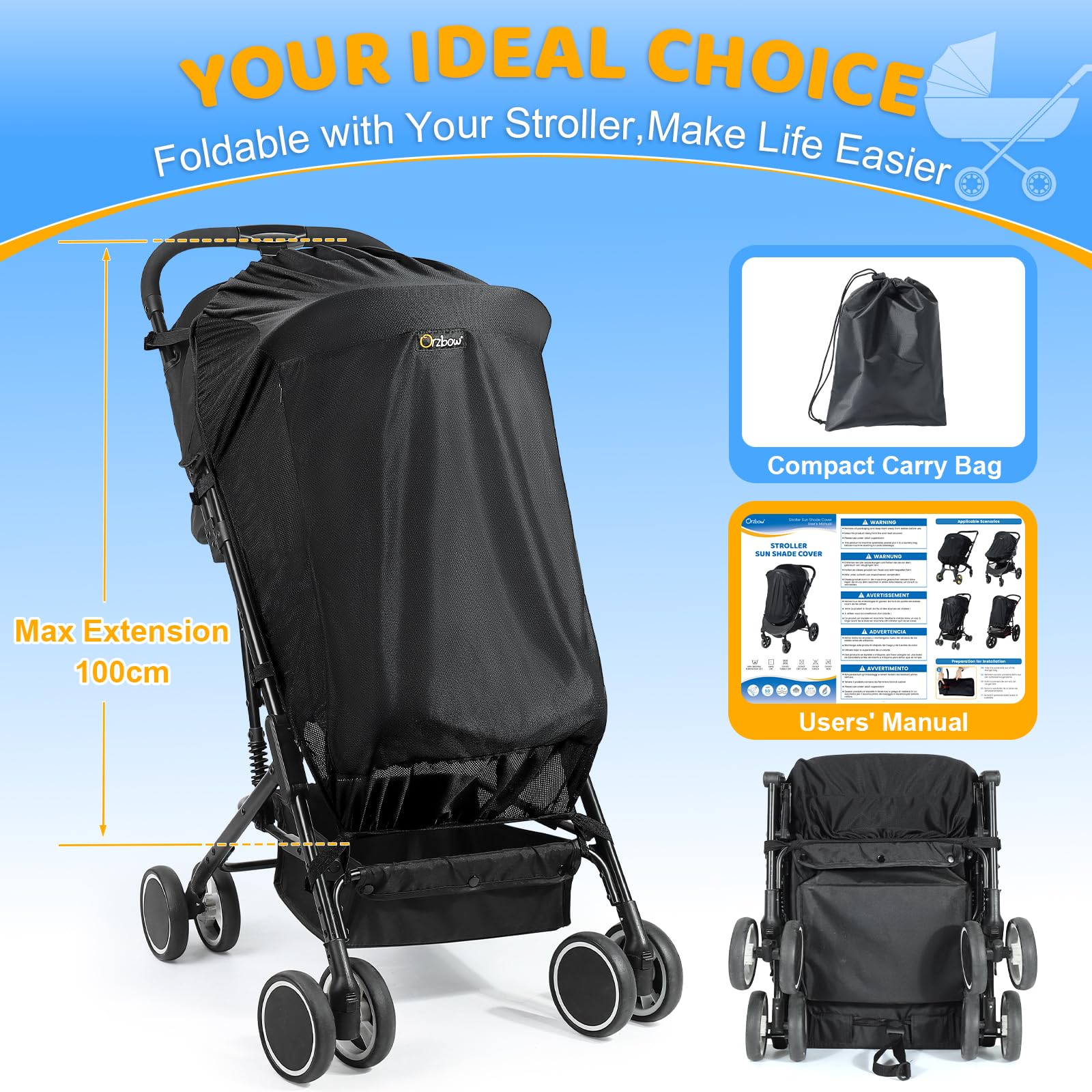 Orzbow Pram Sun Shade, Breathable Sun Shade for Pram with Mosquito Net & Zip, Universal Buggy Sun Shade with Double Opening, Strong Sun Shading, Easy Access, Blocks 95% UV(UPF 50+), Black — view 6
