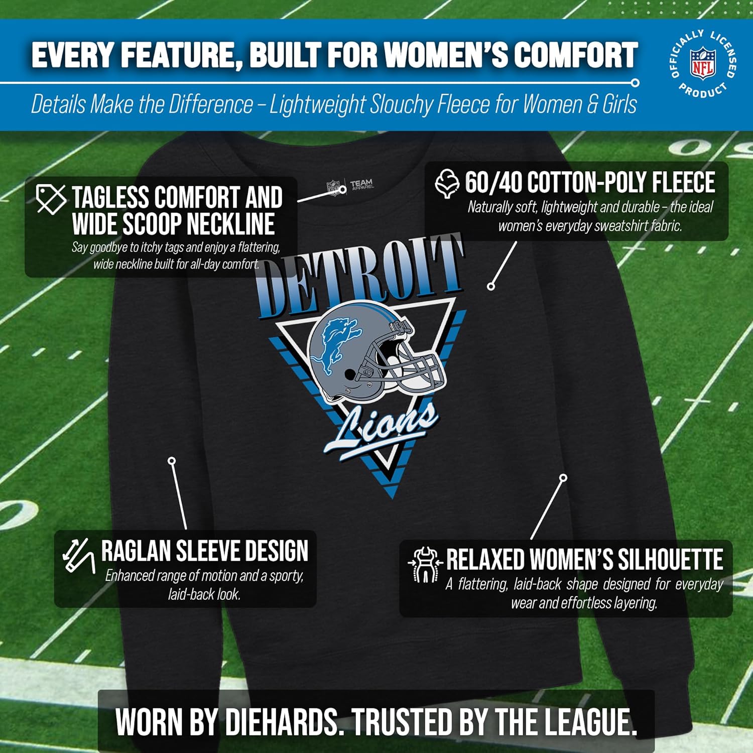 Team Fan Apparel NFL Womens Retro Triangle Slouchy Crewneck, Fleece Pullover Tagless, Long Sleeve Sweatshirt, Football - Image 3