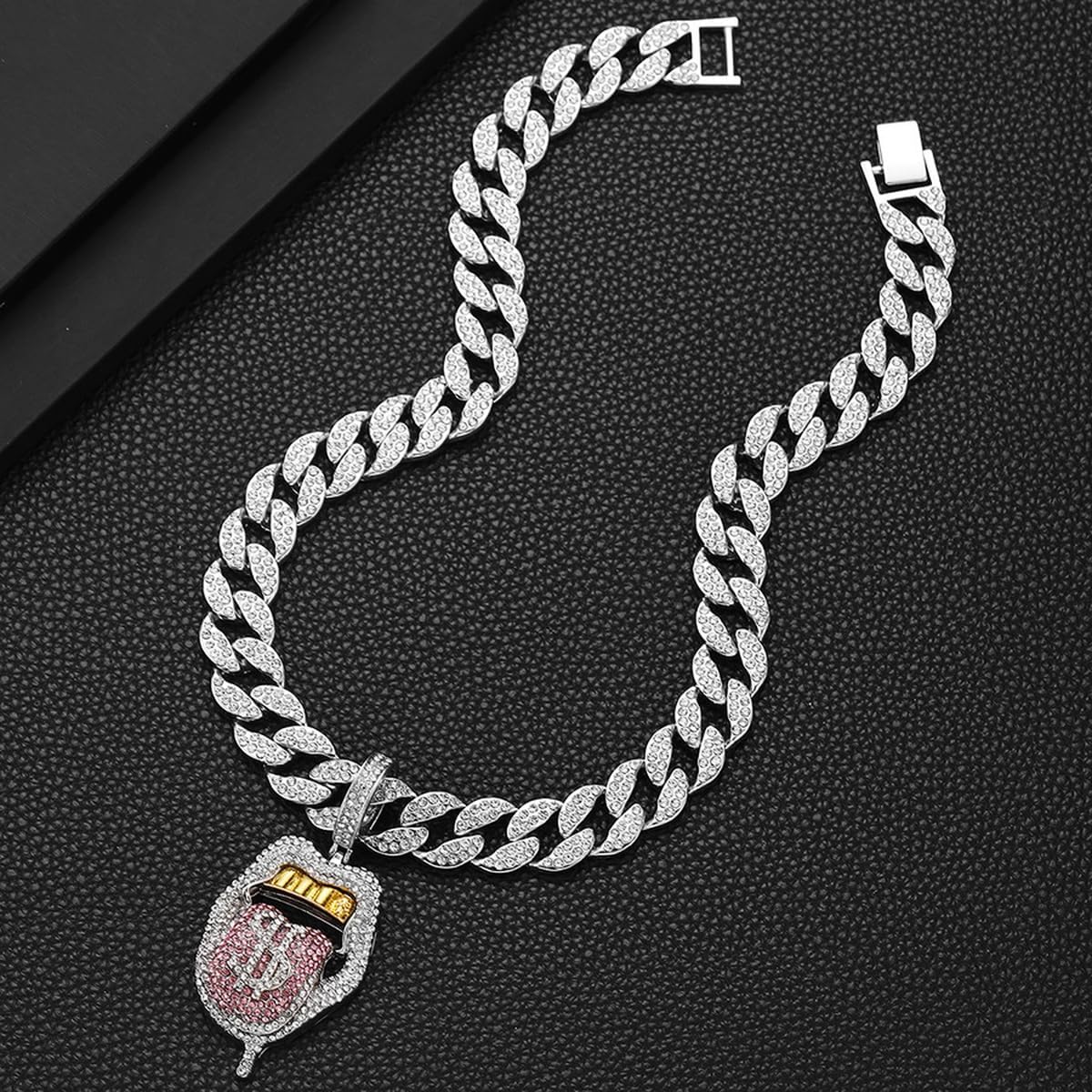 Chunky Bling Iced Out Cuban Link Chain Necklace for Men Women,Large Fake Diamond Chain Sticking Out Choker Tongue Pendant with Dollar Sign,Miami Rhinestone Necklace Hip Hop Cool Punk Jewelry