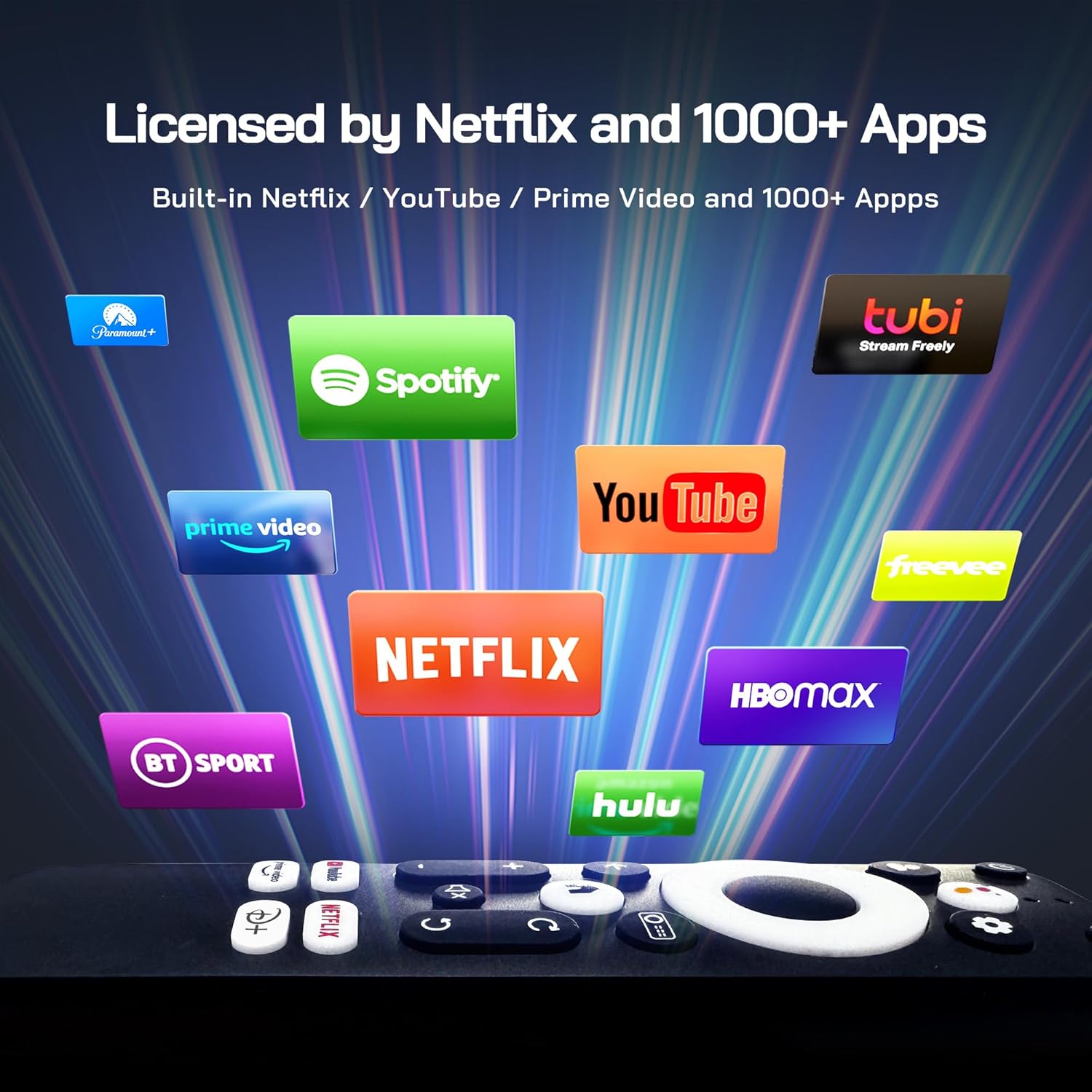 Remote control displaying various app icons including Netflix, YouTube, Prime Video, and Spotify.