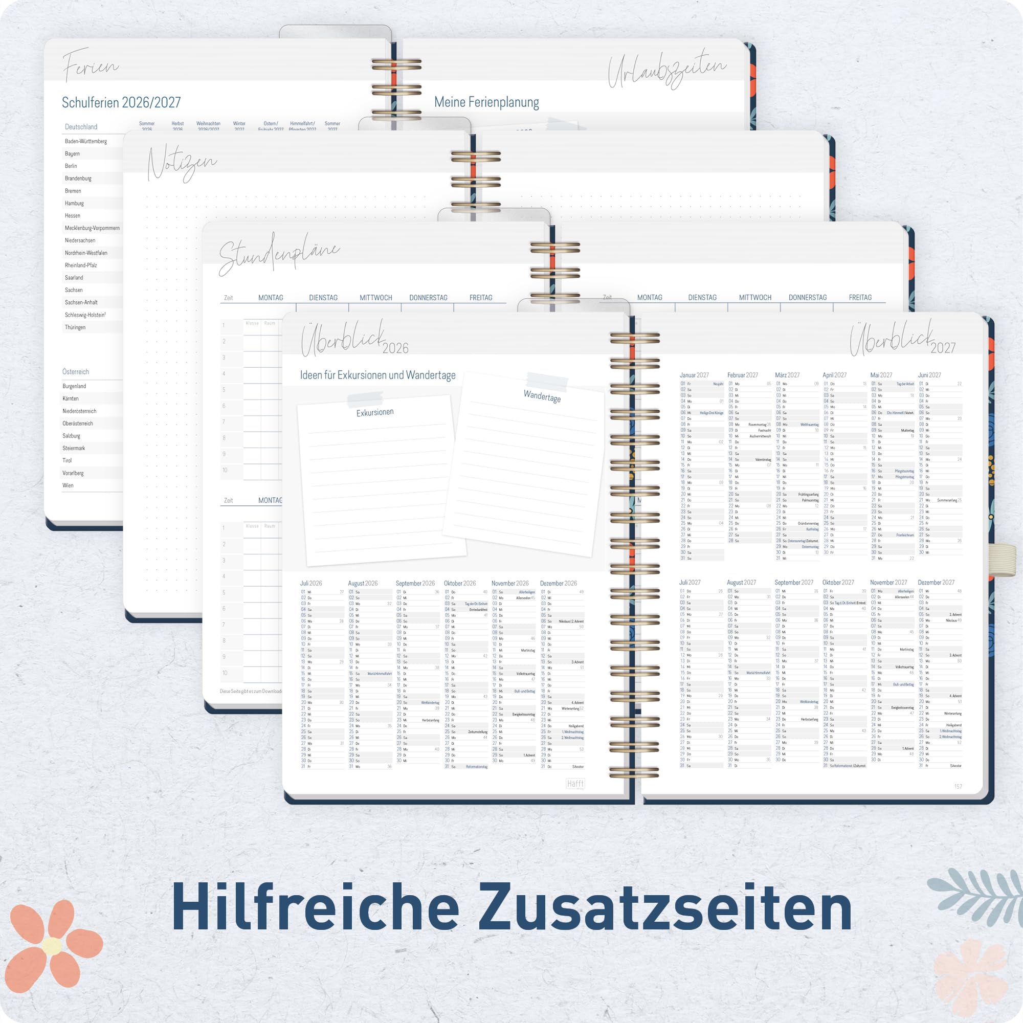Häfft® Lehrer-Planer 2026/2027 Deluxe A5+ Lehrerkalender mit Hardcover und Spiralbindung, Schulplaner 26/27 für Grundschule, weiterführende Schulen & Referendariat "Flowers & Leaves"