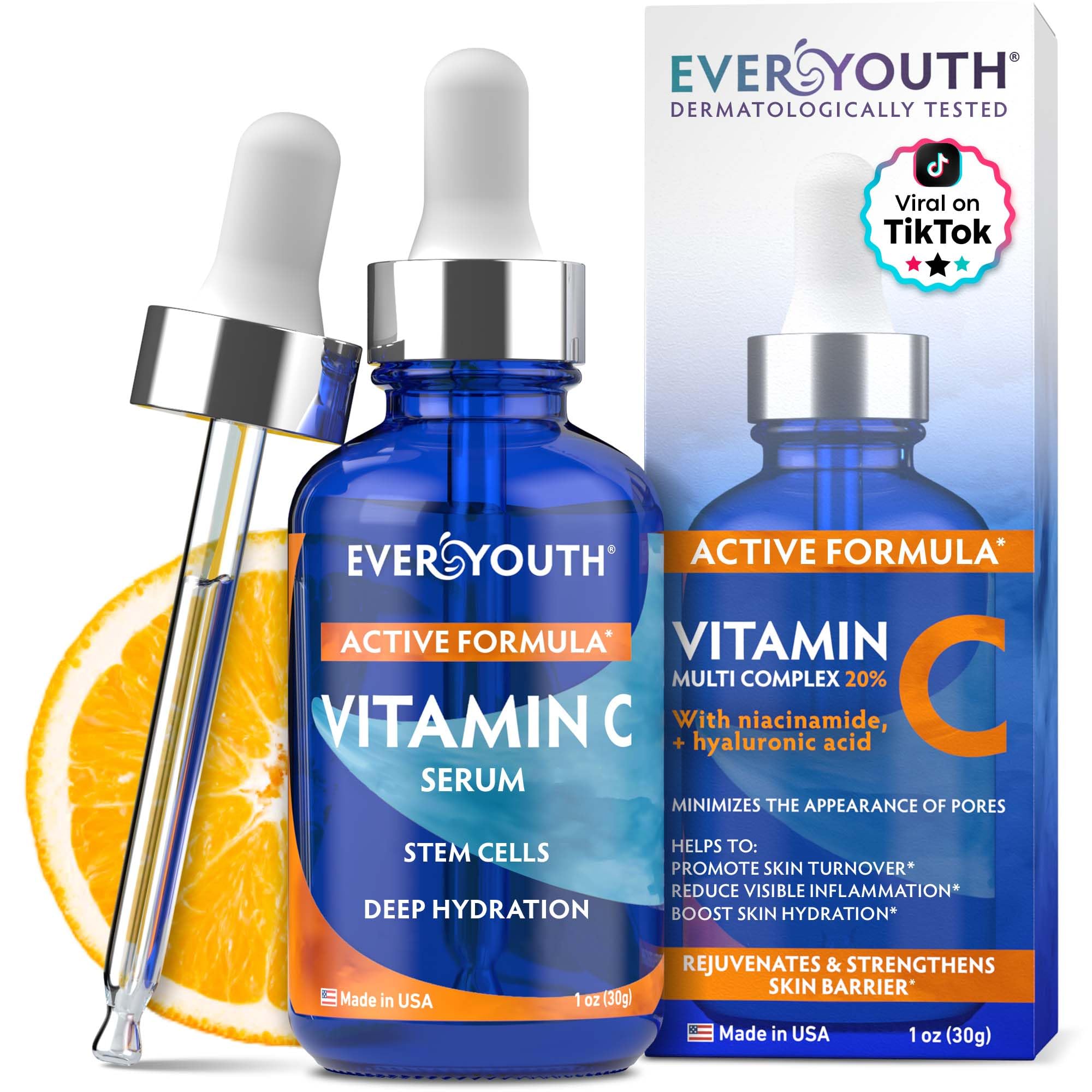Vitamin C Serum for Face, Stem Cells, Niacinamide, Hyaluronic Acid & Vitamin E – Anti-Aging Retinol Facial Serum with Glycolic Acid & Retinal for Brightening, Hydrating & Firming Skin – Made in USA