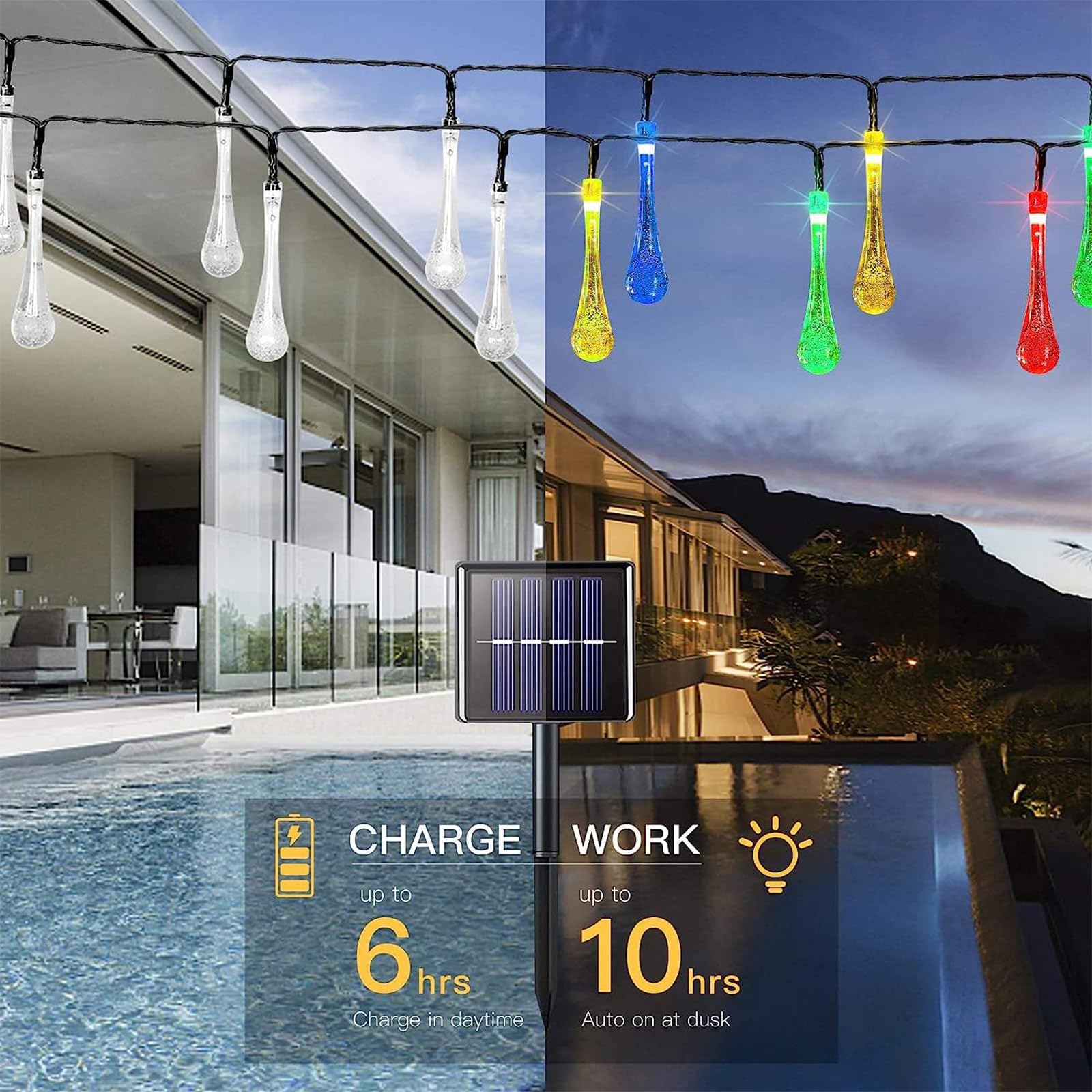 Solarleuchten für den Außenbereich, 6,3 m, 30 LEDs, Tropfenform, mehrfarbig, Lichterkette, LED-Außenlichter, wasserdicht, für Garten, Terrasse, Hof, Baum, Party, Hochzeit,