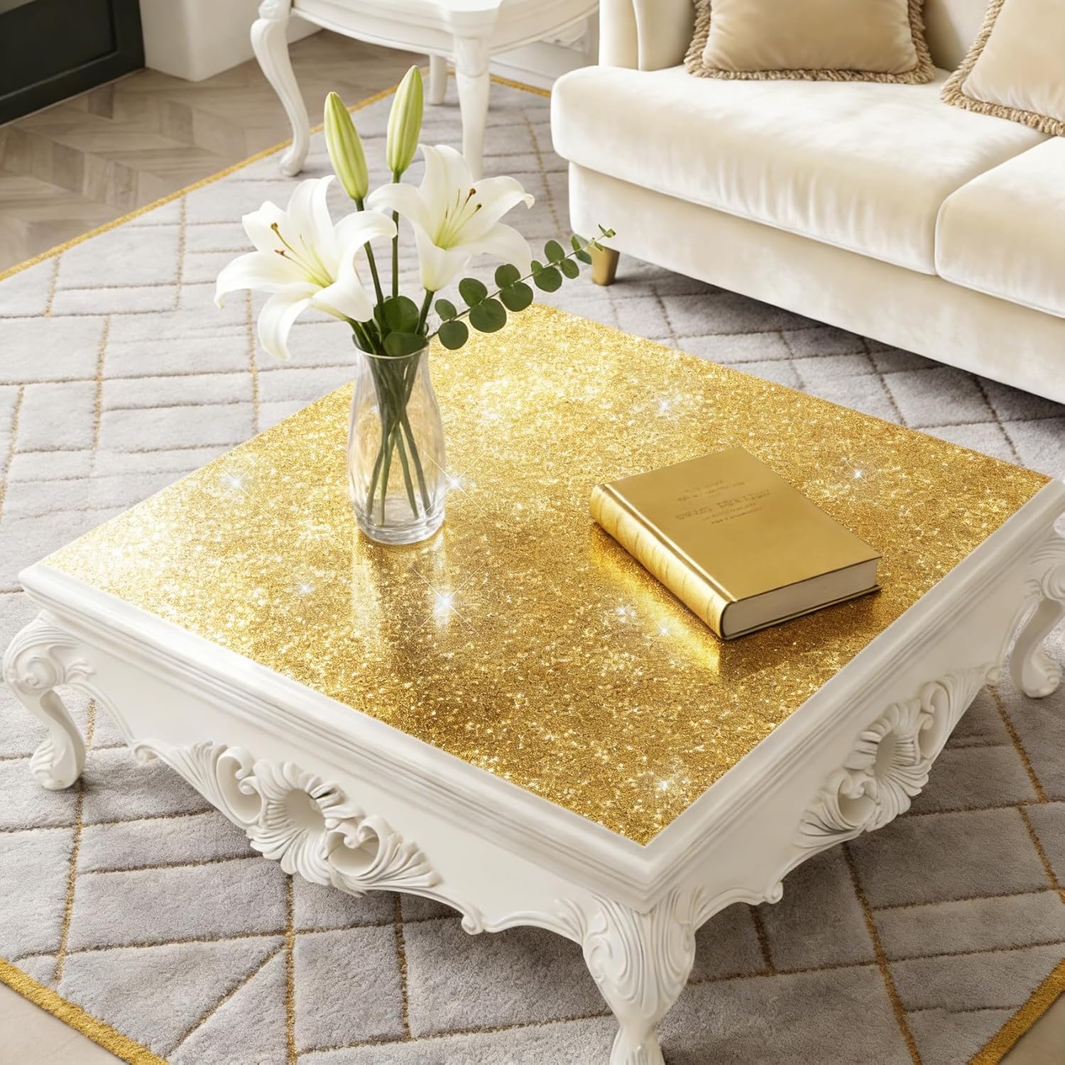Livelynine 15.8x197 Gold Glitter Contact Paper Peel and Stick Textured Shiny Gold Contact Paper for Cabinets Decorative Yellow Glitter Vinyl Fabric Luxury Wallpaper for Bathroom Dining Room Accents