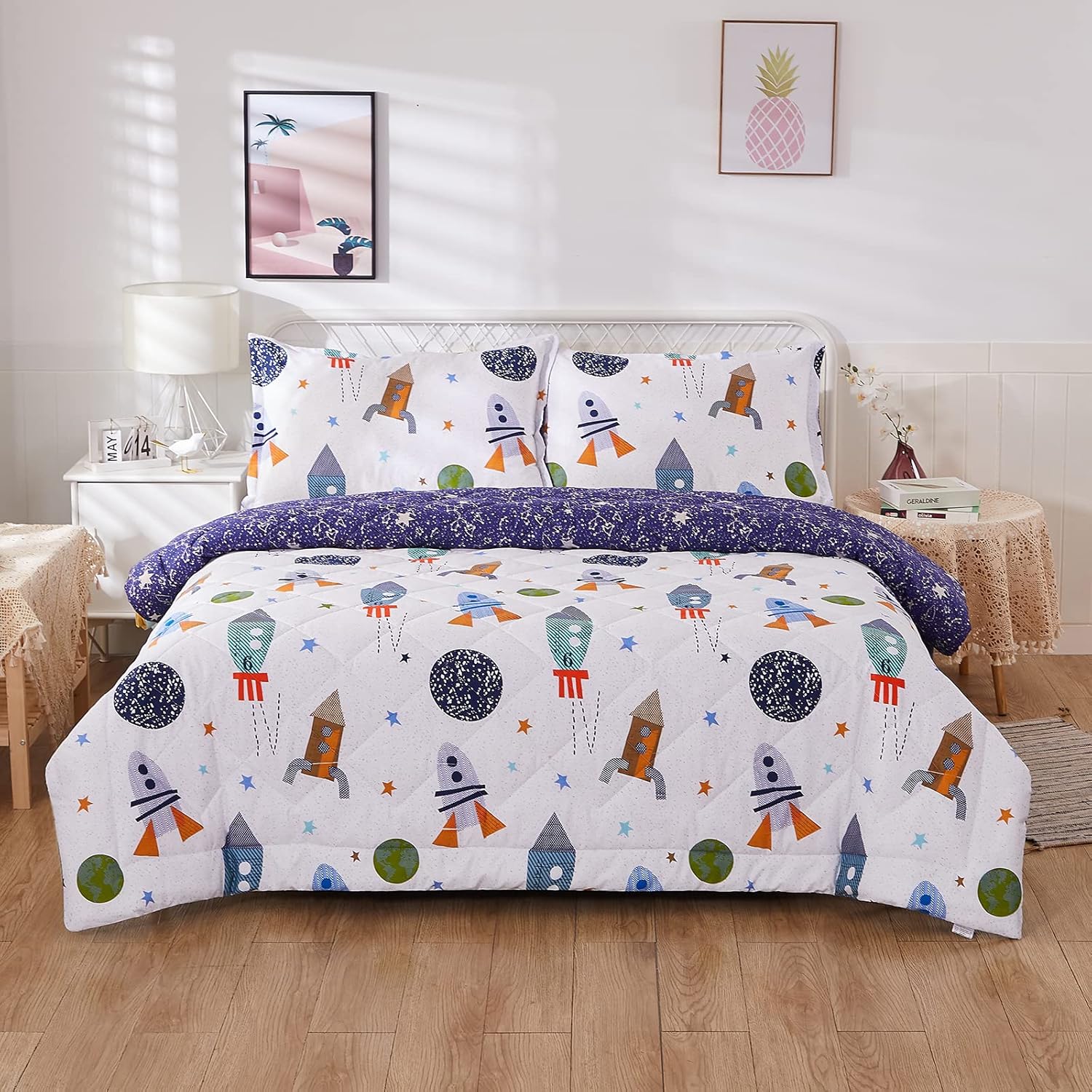 Brandream Kids Bedding Set Twin Size Space Boy Girl Cotton Comforter Set Space Rocket Galaxy Bedroom 3-Piece - Image 9