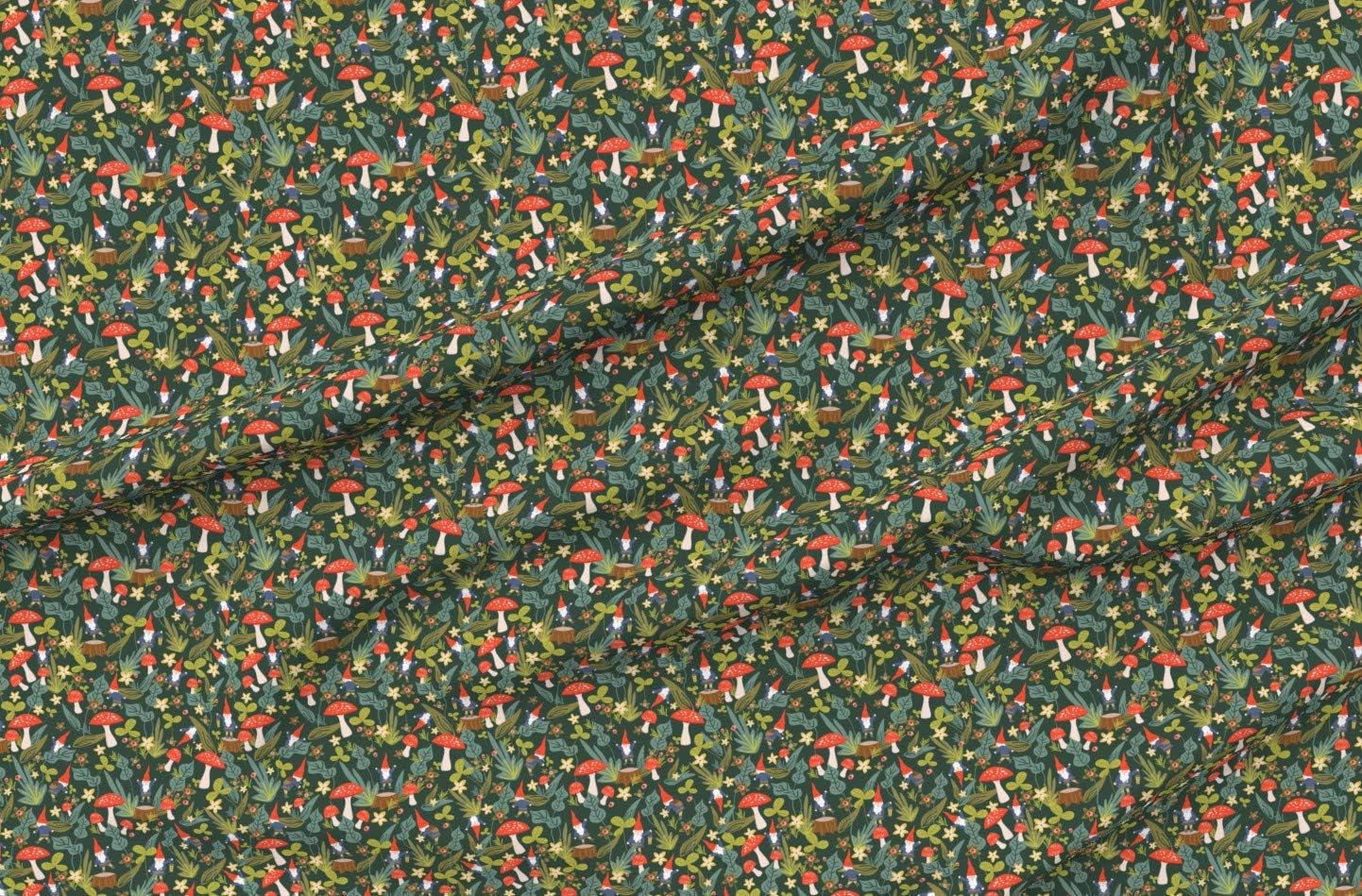 Spoonflower Fabric - Woodland Gnomes Gnome Garden Mushroom Mushrooms Printed on Organic Cotton Sateen Fabric by The Yard - Sewing Quilting Apparel Home Decor