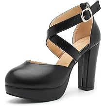 fereshte Womens Platform Pumps, Crisscross Ankle Strap, Chunky Block Heel, Closed Toe, 3.94 Inch High Heeled Dress Shoes