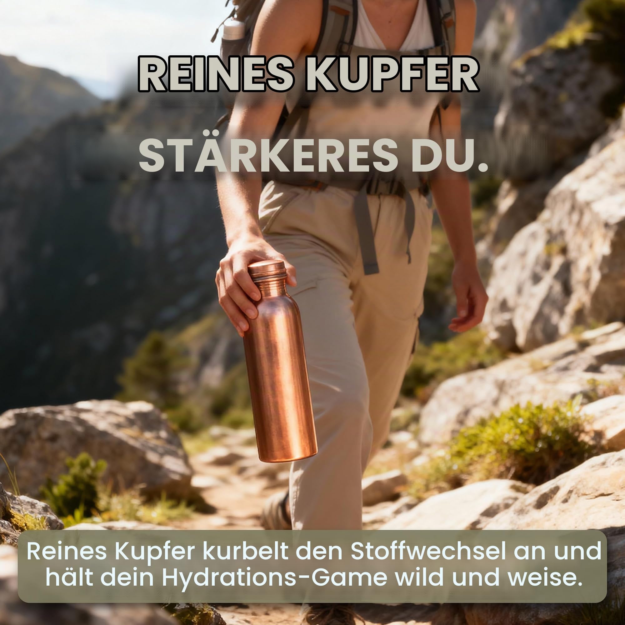 Wasserflasche aus natürlichem Kupfer – 1000 ml (ca. 34 oz) Flasche aus reinem Kupfer mit auslaufsicherem Deckel; ayurvedisches Kupfergefäß für Yoga, Meditation & Büro – 2 Stück