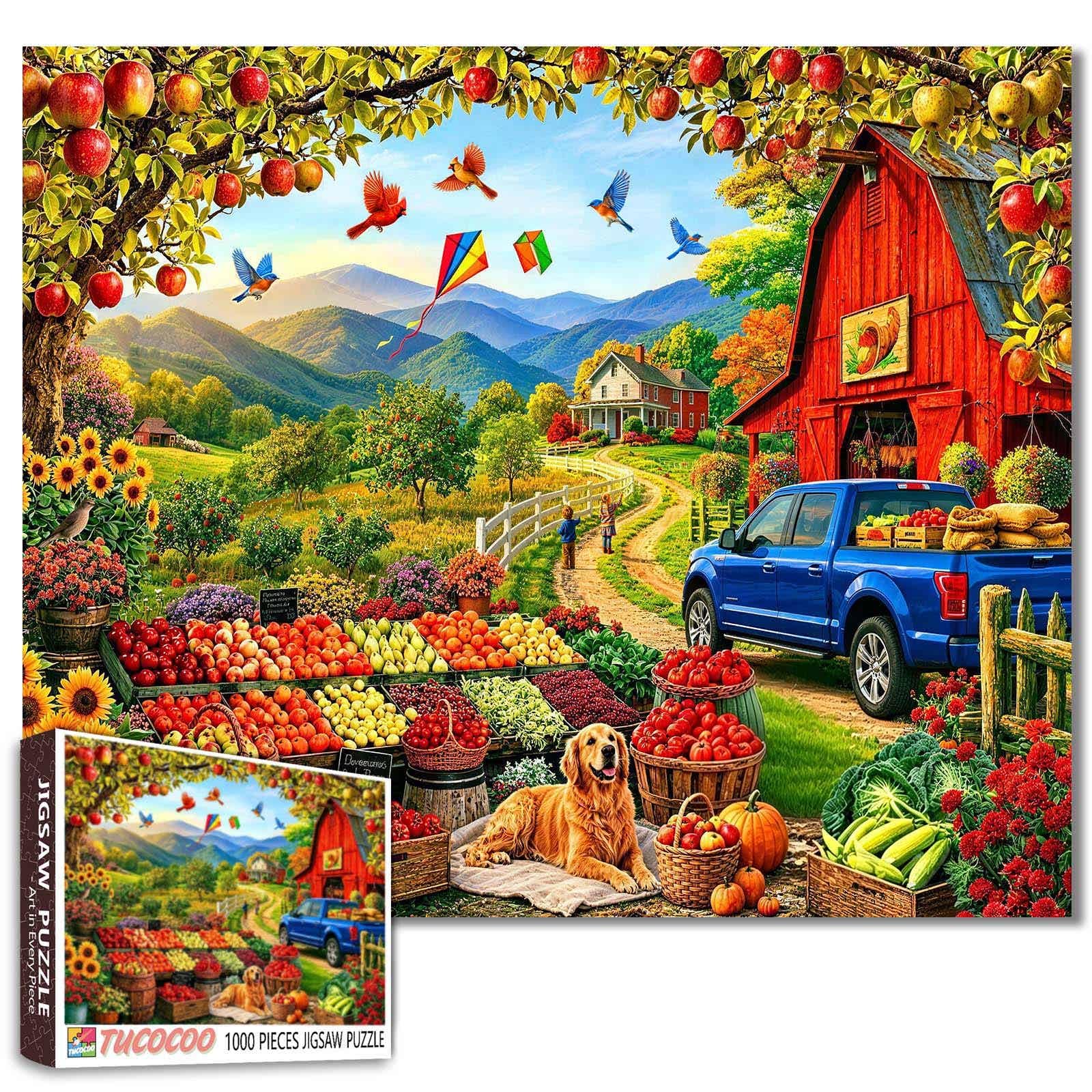 Autumn Farm Jigsaw Puzzles 1000 Pieces Harvest Market Art Jigsaw Puzzles for Challenging Family Games Red Barn DIY Handwork Puzzle for Home Wall Decor Gifts 19.7"X27.6"