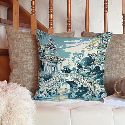 Vista 25 de ArogGeld Funda de cojín de chinoiserie japonesa chinoiserie asiática, fundas de almohada de pagoda azul asiática, funda de almohada oriental de A-1