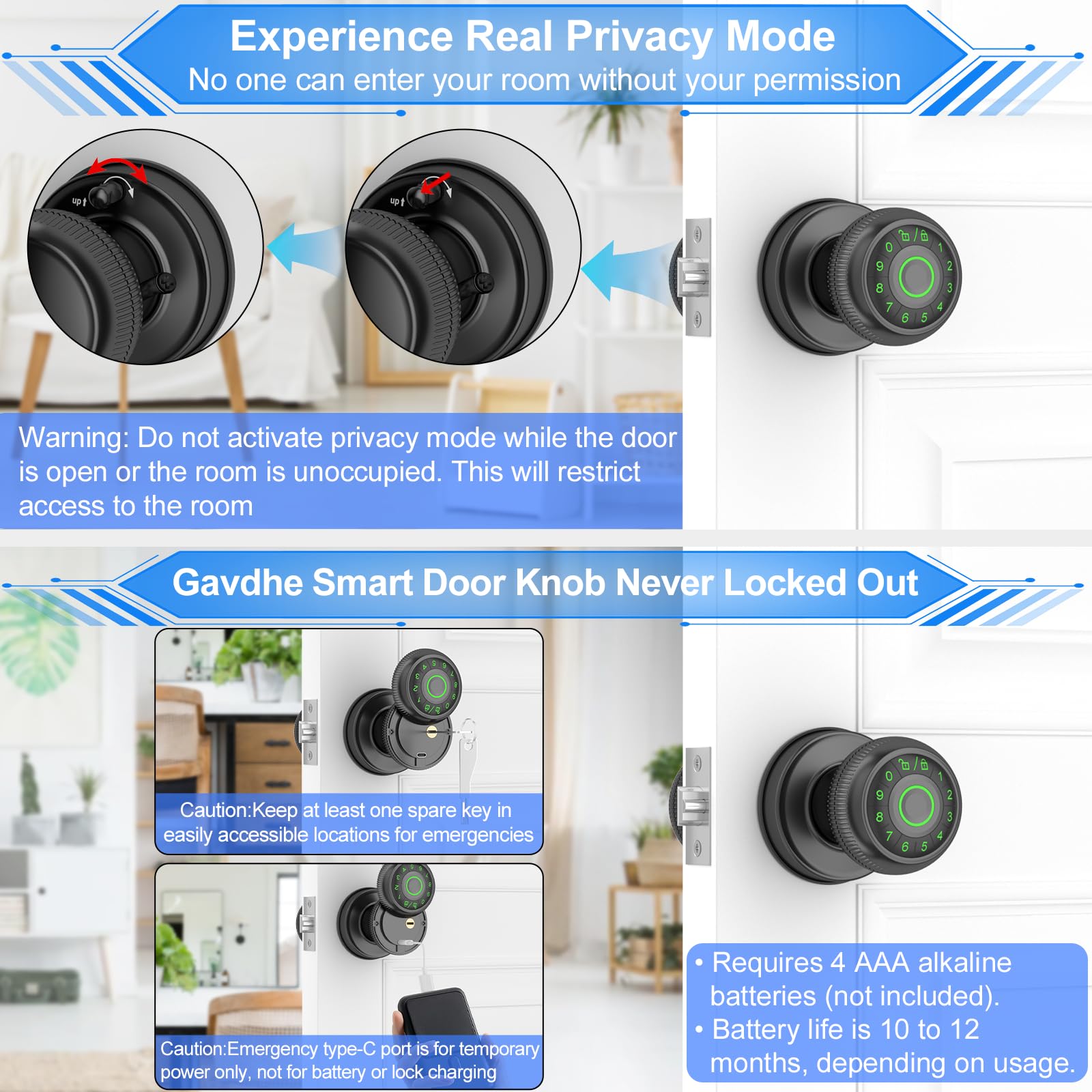 Serrure de porte intelligente avec clavier à code et application de contrôle d'empreintes digitales, verrouillage automatique et mode confidentialité, noir mat – Idéal pour appartement,