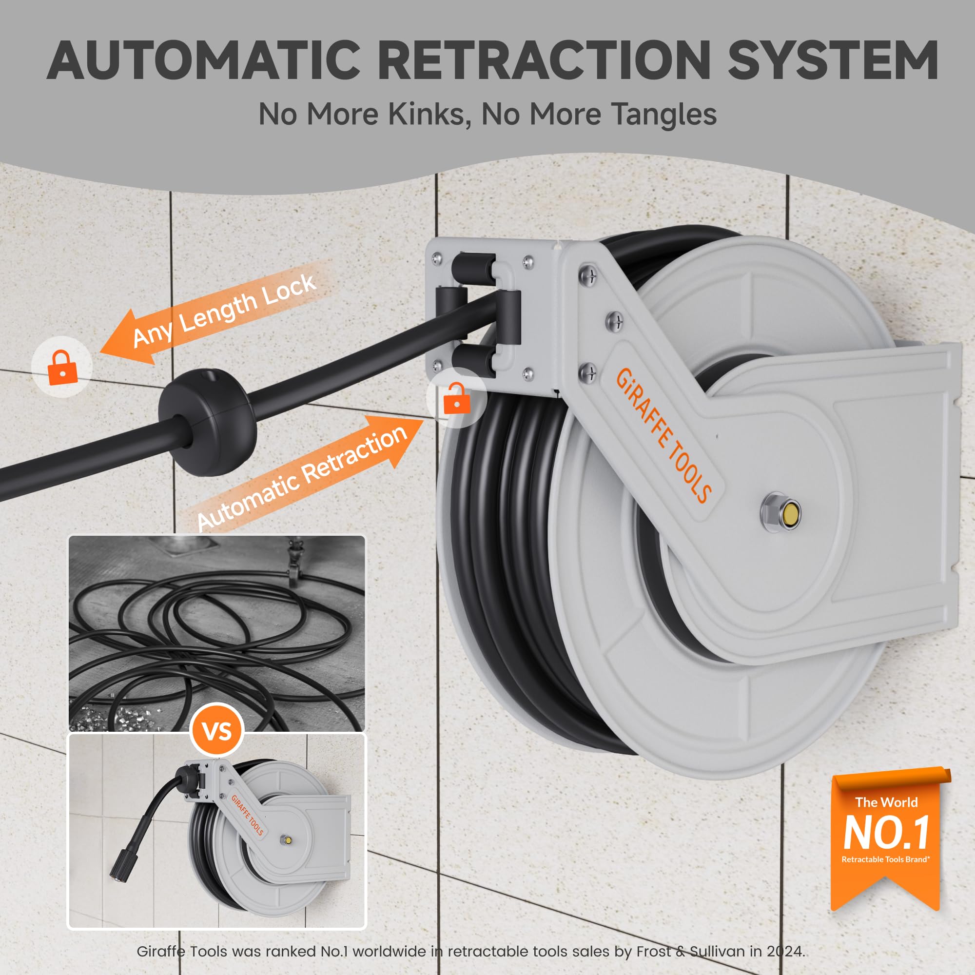 Giraffe Tools Pressure Washer Hose Reel with 60ft Replaceable Hose, Power Washer Retractable Hose Reel, Heavy Duty, Wall/Floor Mounted, 4000 PSI