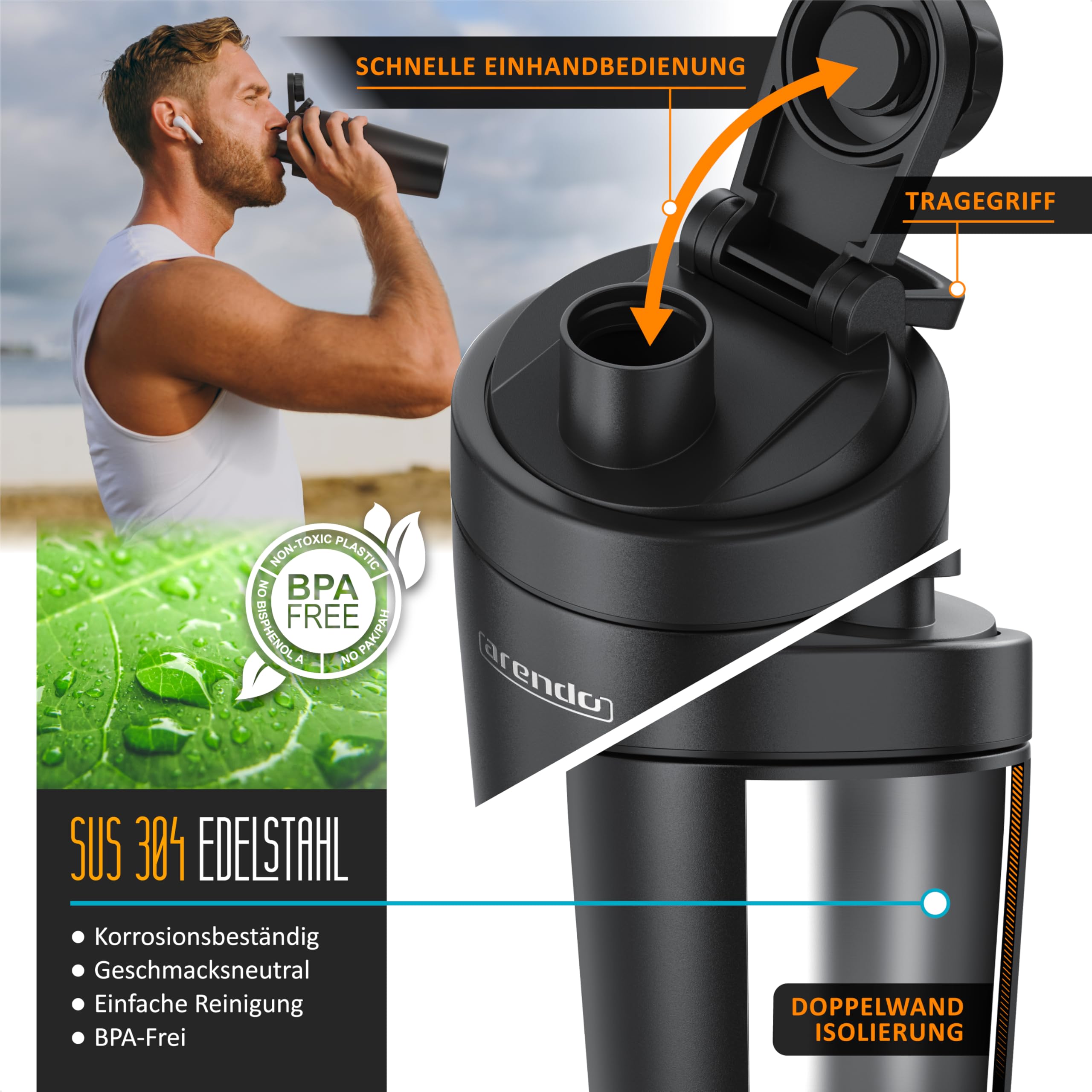 Arendo - Eiweiß Shaker Edelstahl 750ml, Protein Shaker mit Mixkugel, BPA frei, Mixbecher, Metall Premium Eiweißshaker, Tragegriff, Spülmaschinengeeignet, To Go für Yoga Fitness Sport, Schwarz - 3