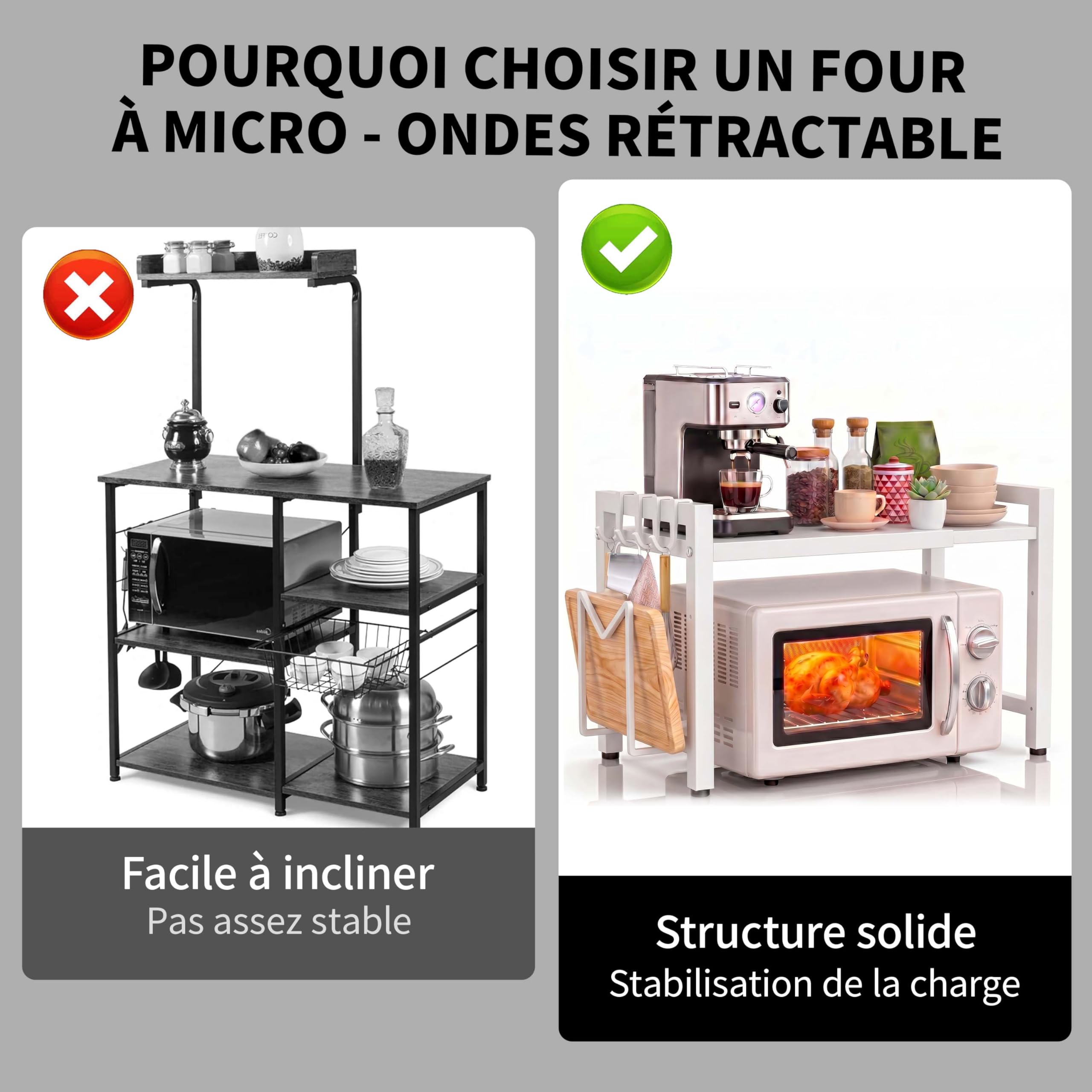 Étagère Extensible à 3 Niveaux pour Micro-Ondes,Métal Four à Micro-Étagère pour Micro,support pour four,Salle à Manger avec Crochets,pour Micro Ondes pour comptoir de Cuisine (Blanc TL3, 2 Niveaux)