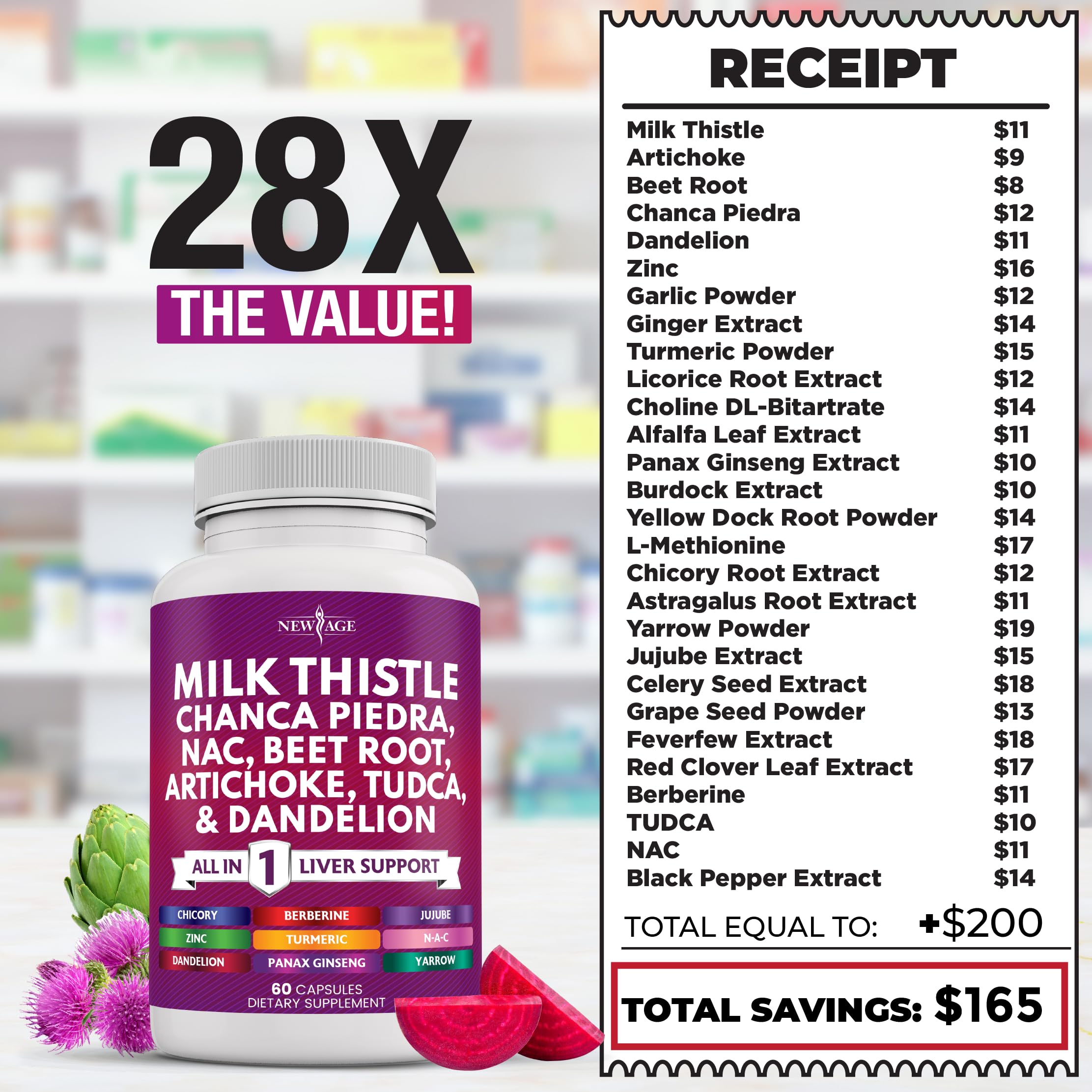 NEW AGE Milk Thistle NAC Chanca Piedra Beet Root Artichoke Dandelion Root Astragalus - Plus TUDCA & Ginger - 120 Count — Amazon image 6
