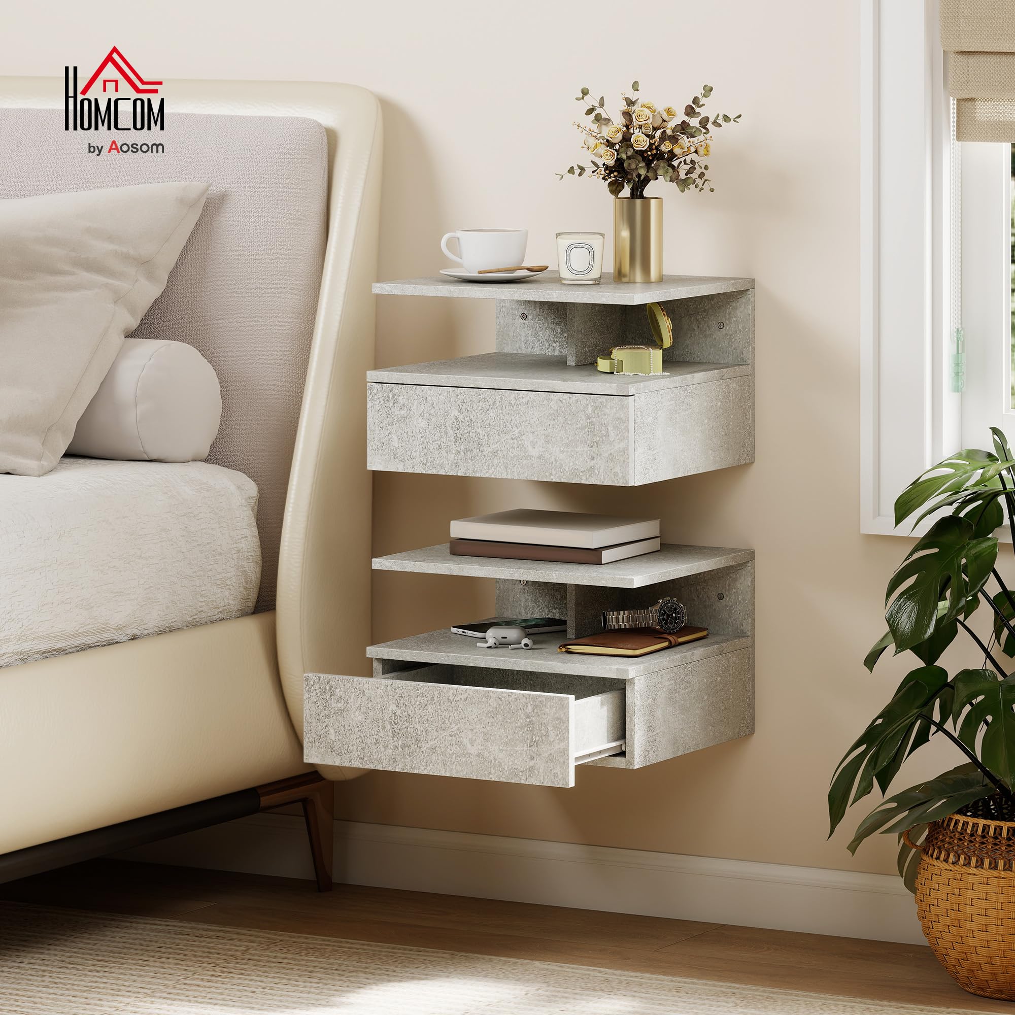 HOMCOM Set di 2 Comodini Camera da Letto Sospesi con Cassetto e Scomparto Aperto, Coppia di Comodini Moderno in Legno, Tavolini per Divano, Soggiorno, Salotto e Camera, 35x32x22.5 cm, Grigio Cemento