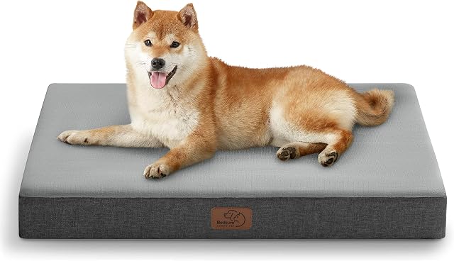 Bedsure Dog Crate Bed Medium - Memory Foam Washable Dog Mattress for Crate, Orthopedic Flat Puppy Small Dog Bed with Removable Cover, Grey, 74x46x8cm