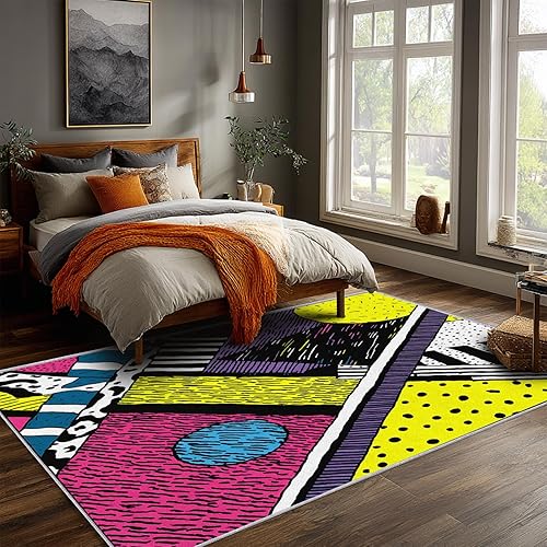 Miniatura 51 de Alfombra retro de los años 70, alfombras de área de 6 x 8 pies, patrón geométrico moderno de mediados de siglo, para sala de estar, dormitorio,