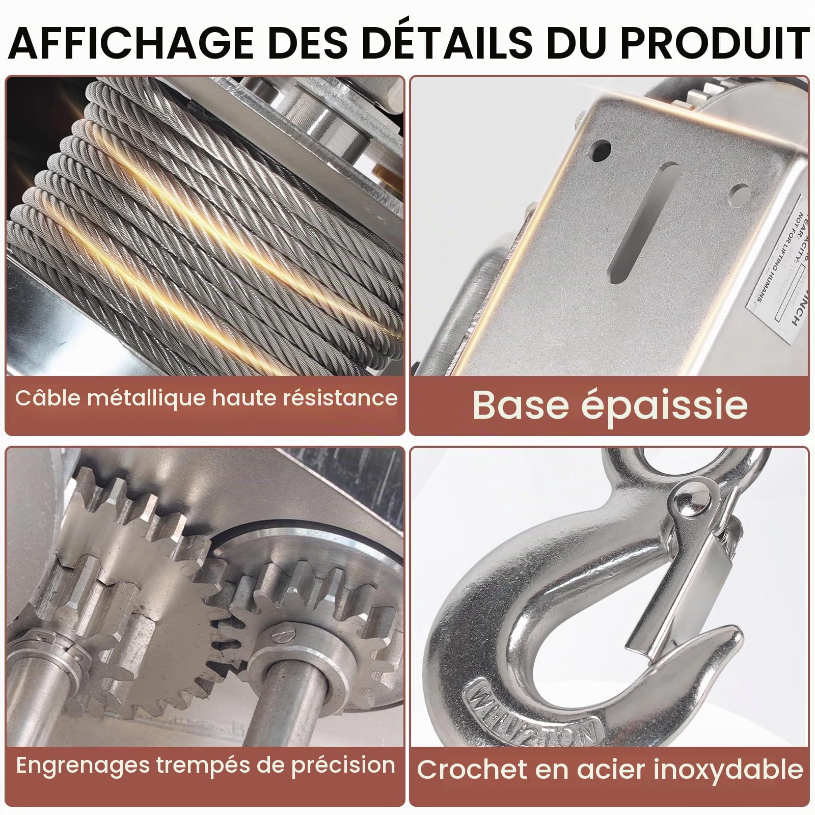Treuil Manuel Acier Inoxydable 1200lbs, Treuil Manuel avec Frein Automatique, Treuil à Câble Manuel de Halage avec Câble de 10 Mètres pour Remorque de Bateau