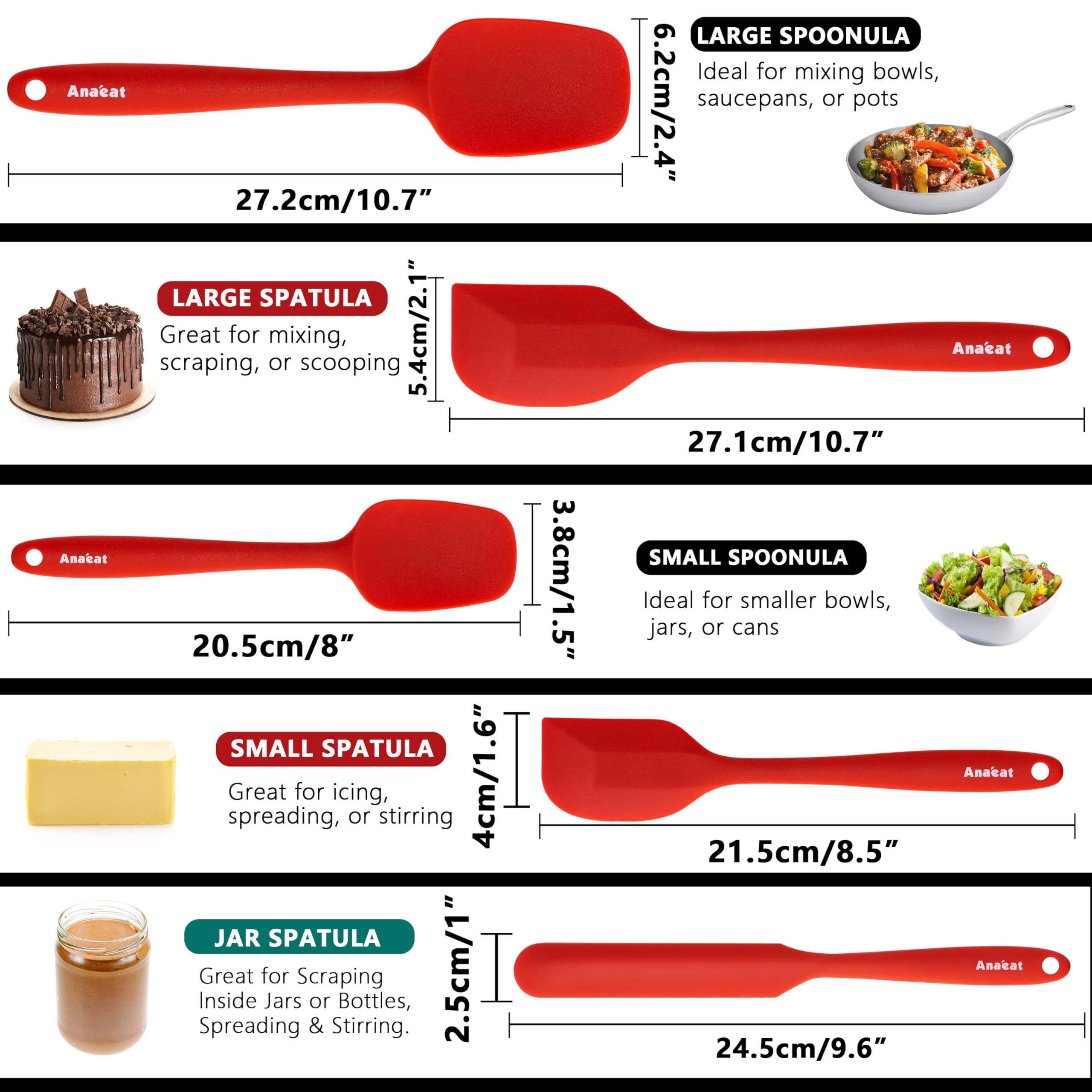 Anaeat Juego de 5 espátulas de silicona – Diseño sin costuras de una pieza – Espátulas de goma antiadherentes sin BPA, raspador de cocina flexible para hornear, cocinar, raspar y mezclar, resistente