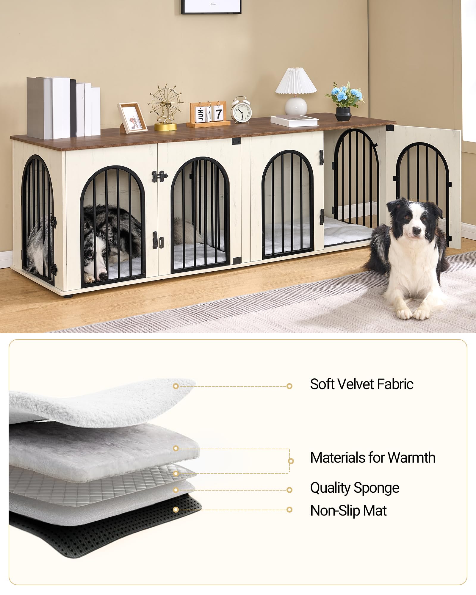 Hzuaneri Jaula para Perros Doble de Madera, Mueble Jaula con Divisor y Cojines para 2 Perros Medianos y Grandes, Mesa para Perros Estilo Mueble TV 180cm, Jaula Decorativa, Blanco y Marrón DFC91914B