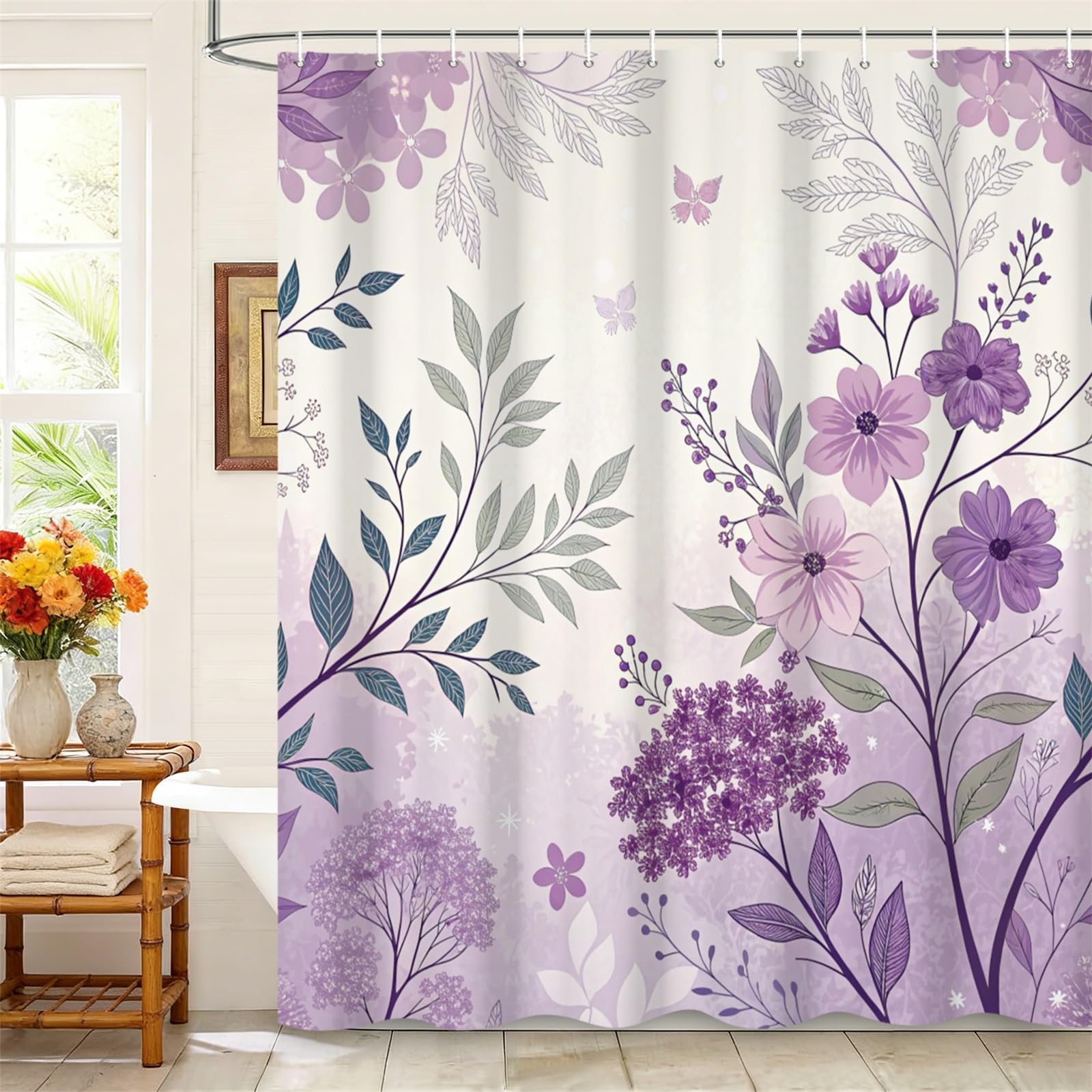 Kzzfqxb 165x180cm Floral Shower Curtains with Plastic Hooks, Purple Bunches of Flowers Clusters with Green Leaves Waterproof Polyester Fabric for Bathtub, Beautiful Decoration for Girls Bathroom
