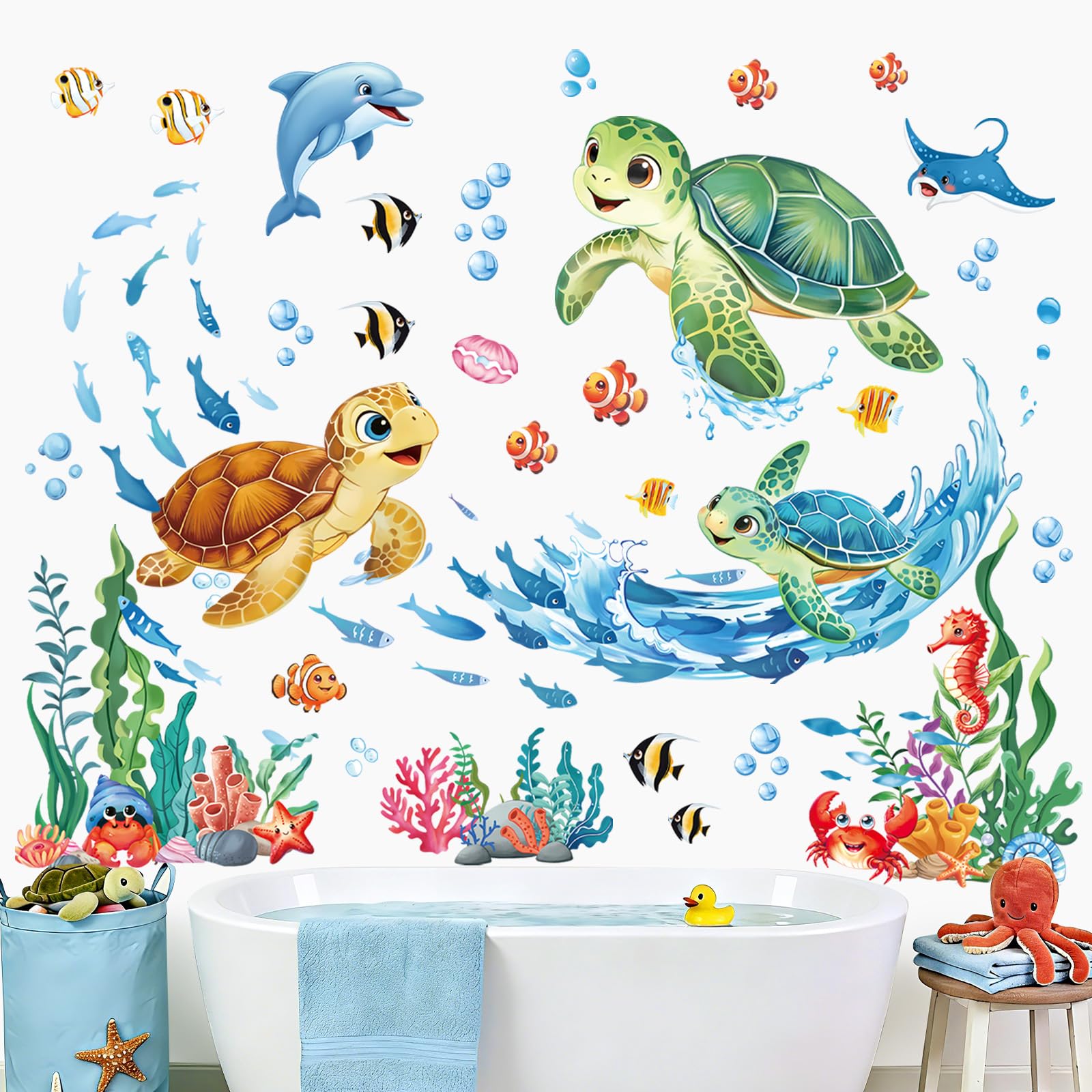 decalmile Pegatinas de Pared Bajo el Mar Vinilos Decorativos Tortugas Peces