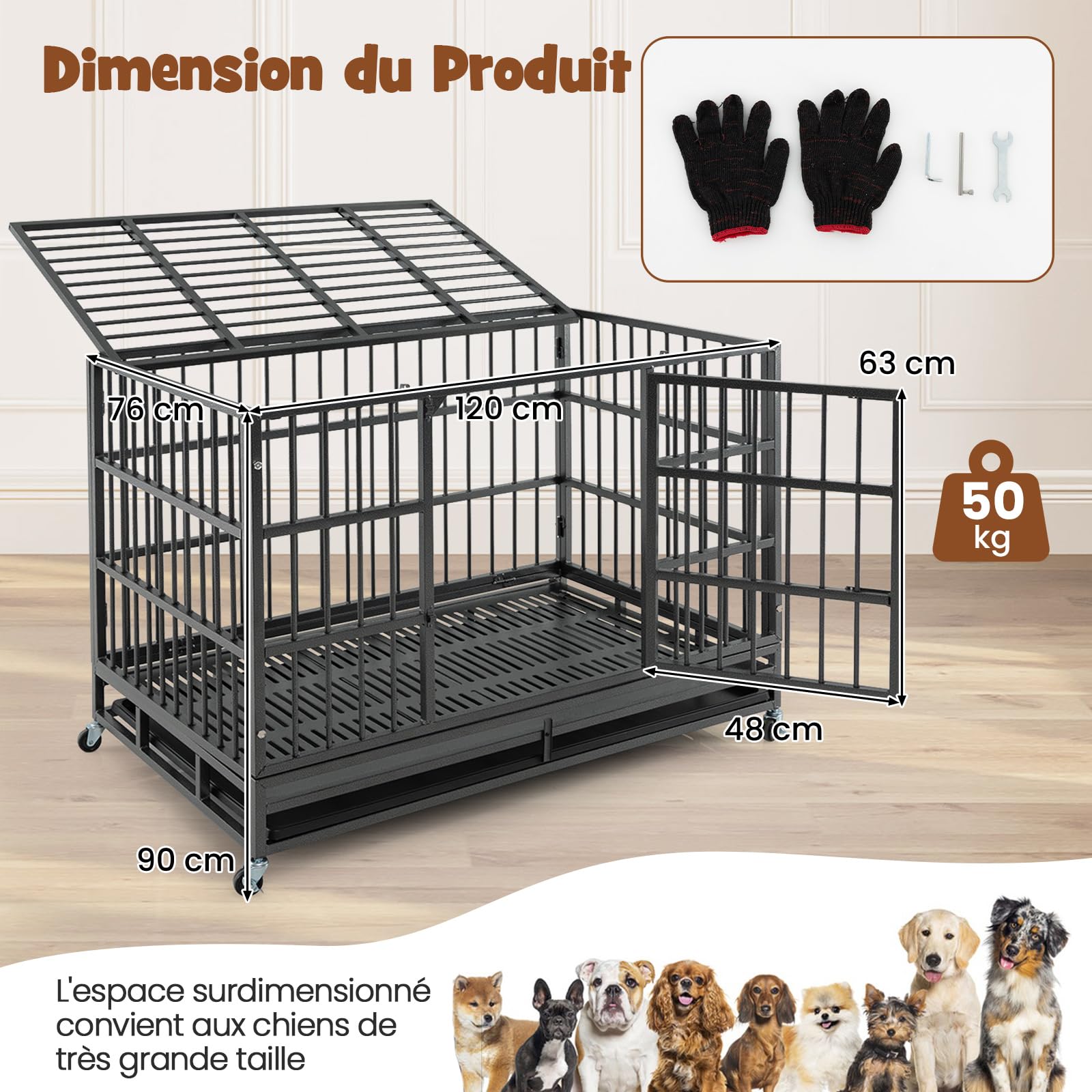 GOPLUS - Jaula para perros plegable de metal con ruedas cerradas, doble puertas cerradas, bandeja extraíble para perros grandes y medianos (48 pulgadas)