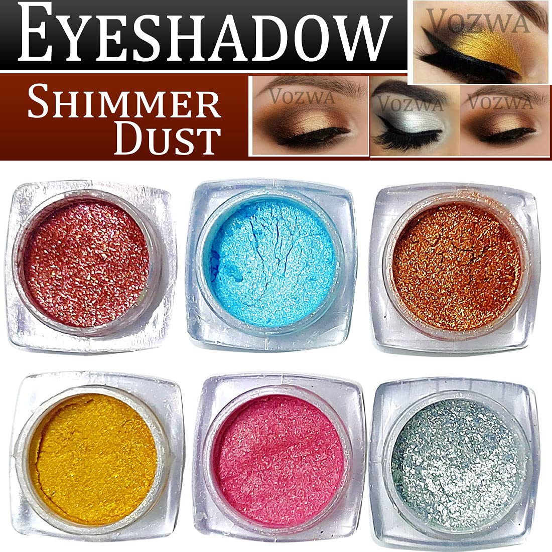 Vozwa Eyeshadow Pigment Shimmer Dust - Gold + Silver + Copper + marron + Blue + Pink-image-7
