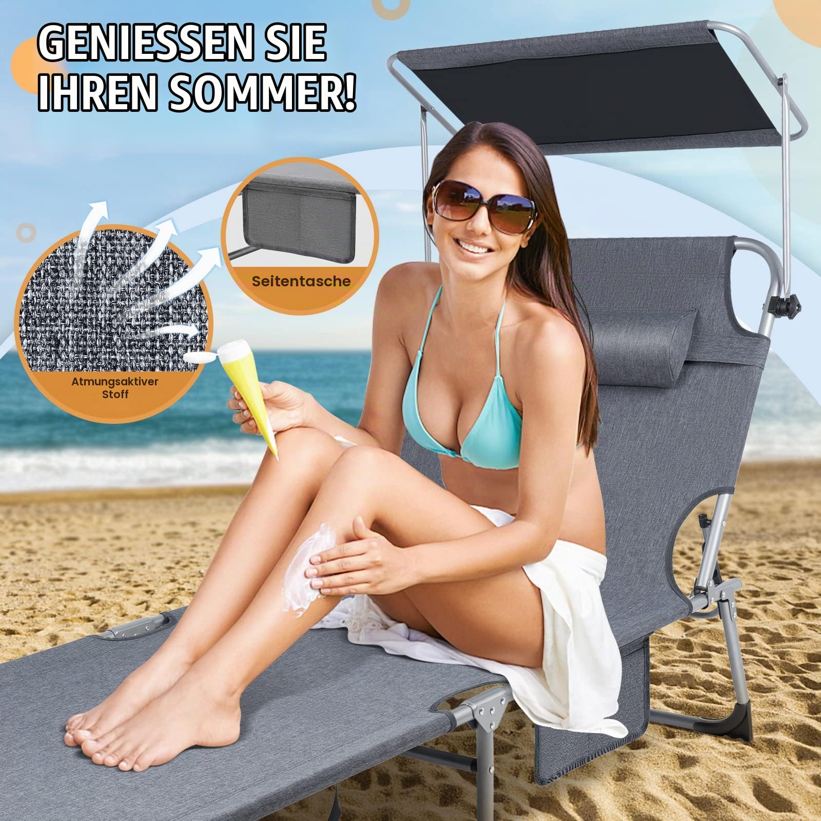Soontrans Sonnenliege mit Dach, Gartenliege mit Kopfkissen & Tragegriffe & Seitentasche, Extra Breiter Liegefläche, Verstellbare Rückenlehne & Sonnenschutz, Sonnenliege klappbar für Strand (Anthrazit)