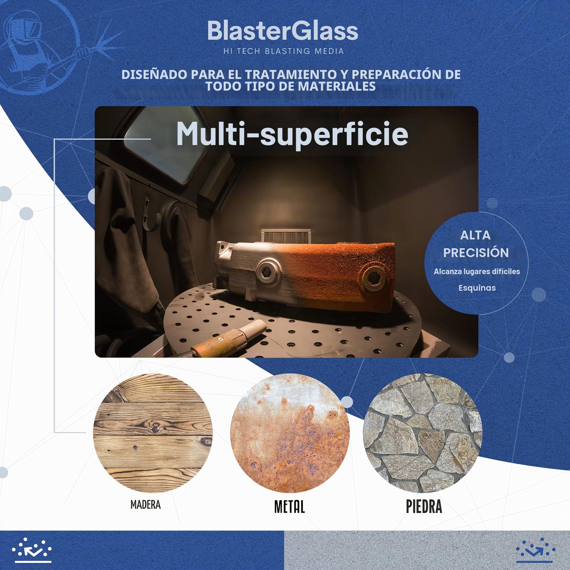 BlasterGlass Hi-Tech Arena de Vidrio Abrasivo Reutilizable para Limpieza por Chorro a Presión, Alta Compatibilidad para Sistemas de Arenado y Chorreo - Saco 10kg…
