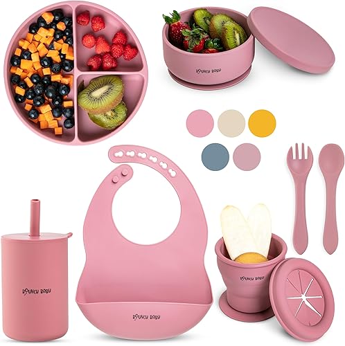 Miniatura 1 de Bouncy Baby Juego de alimentación de silicona para bebés, 8 piezas de suministros de destete LED para bebés con platos y utensilios para bebé,