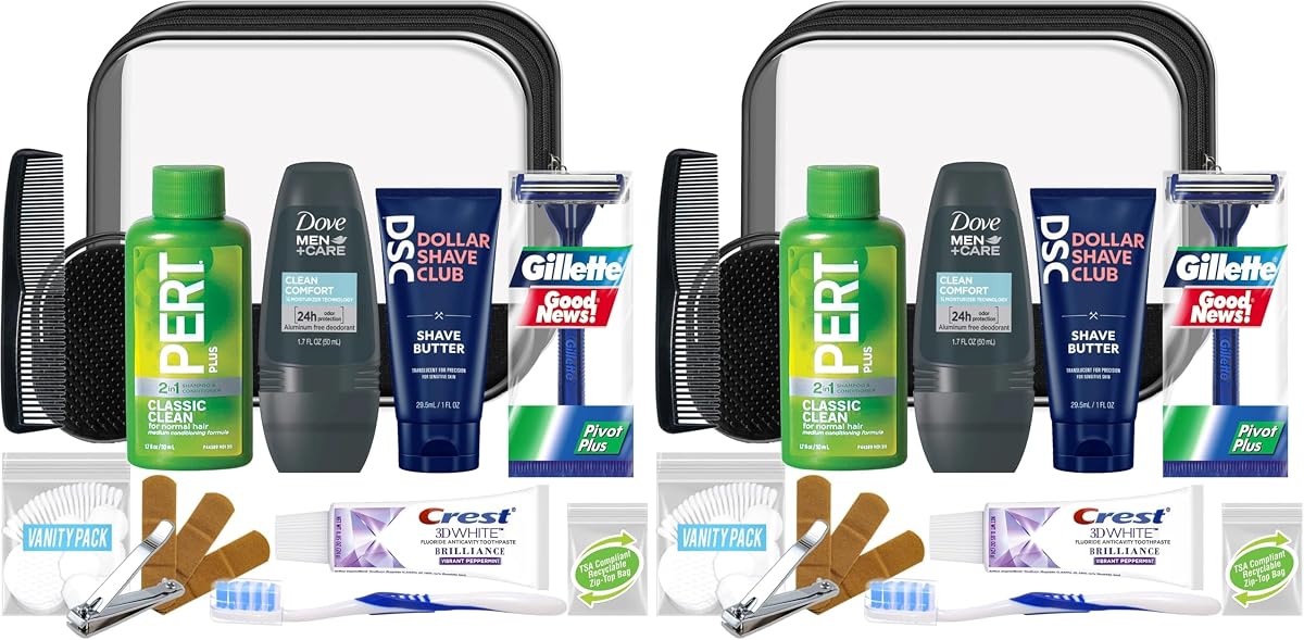 Convenience Kits International Men’s Super Deluxe, 16-Piece Kit with Travel Size TSA Compliant Essentials in Reusable Zippered Toiletry Bag (Pack of 2)