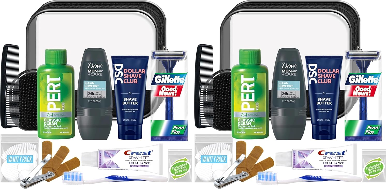 Convenience Kits International Men’s Super Deluxe, 16-Piece Kit with Travel Size TSA Compliant Essentials in Reusable Zippered Toiletry Bag (Pack of 2)