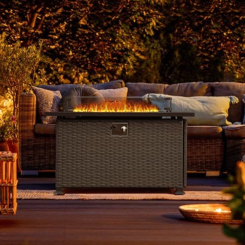 Miniatura 8 de Domi - Mesa de mimbre para fogata de gas propano de 43 pulgadas, 50,000 BTU con certificación CSA con mesa de aluminio similar a la madera,