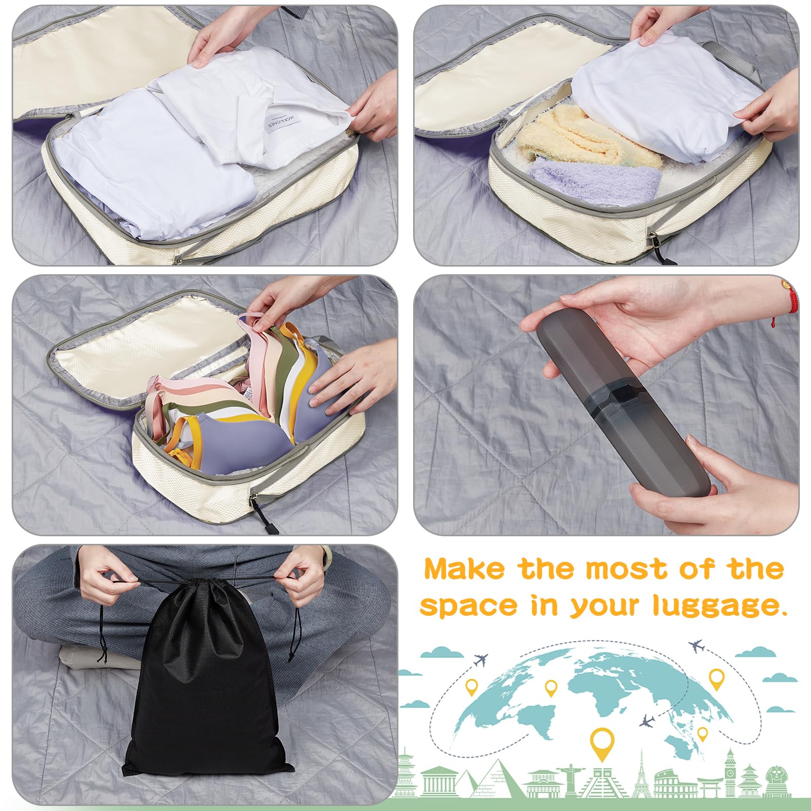 Eucomir Set di 9 Cubi Organizer Valigia da Viaggio, Sacchetti di Organizzatore Estensibile Salvaspazio,per Deposito per la Casa,Bianco