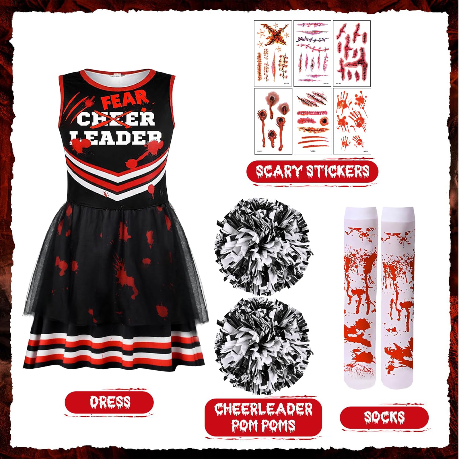 NebulaGlam Children's Cheerleader Costume Halloween, Zombie Cheerleader Costume - Image 2