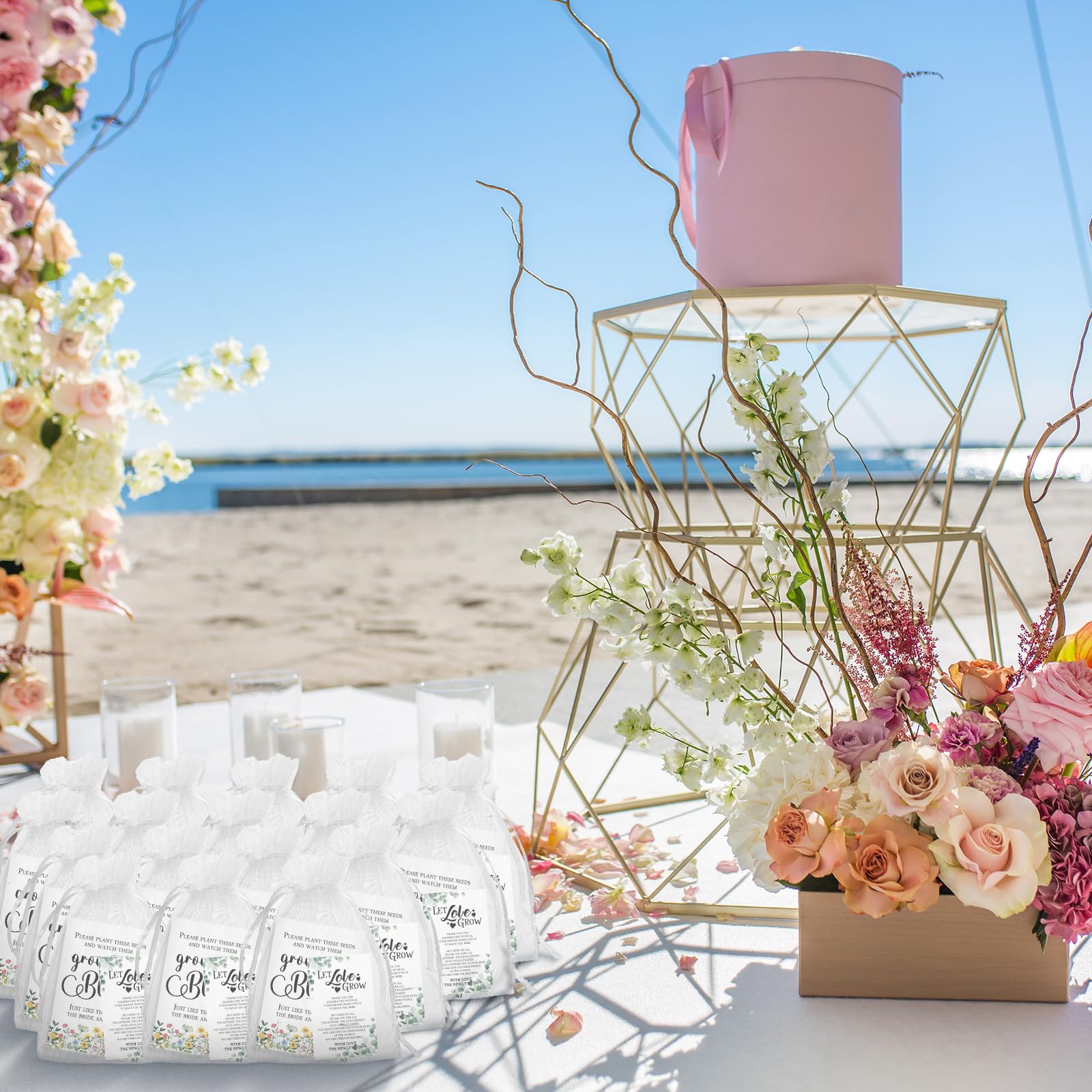 Ctosree Hochzeitsgeschenke für Gäste, 100 Stück, selbstklebend, Kraftpapier, Samenumschläge, 100 Stück, "Let Love Grow"-Karten, 100 Organza-Geschenktüten für Brautparty, stilvoll, 100 Stück
