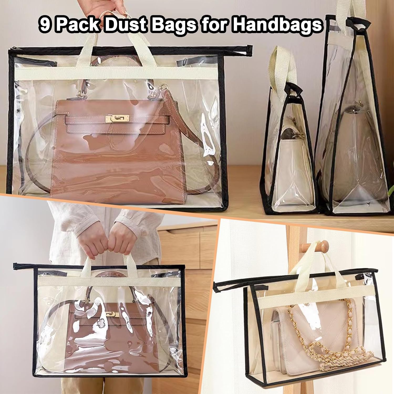 9 Pack Dust Bags for Handbags,Clear Purse Storage Organizer for Closet,3 Sizes Transparent Handbag Storage,Purse Protector Storage Bag,Purse Cover Hanging Closet Organizer with Zipper Handles