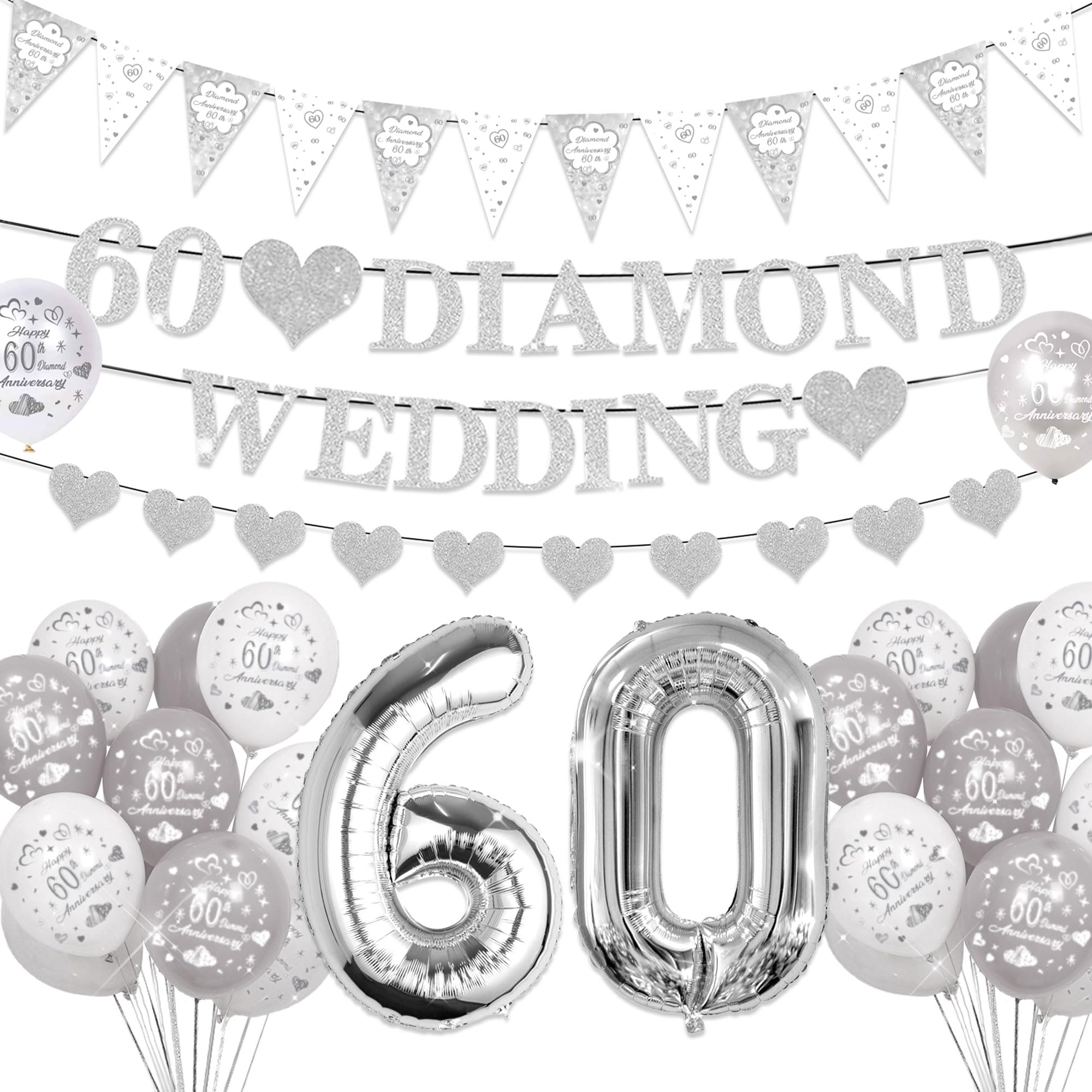 Elicola Decorazioni Per 60° Anniversario Di Matrimonio, Striscione Con Diamanti Da Appendere, Con Festoni Per 60° Anniversario, Sfondo Per Decorazioni Per Feste - Foto 10